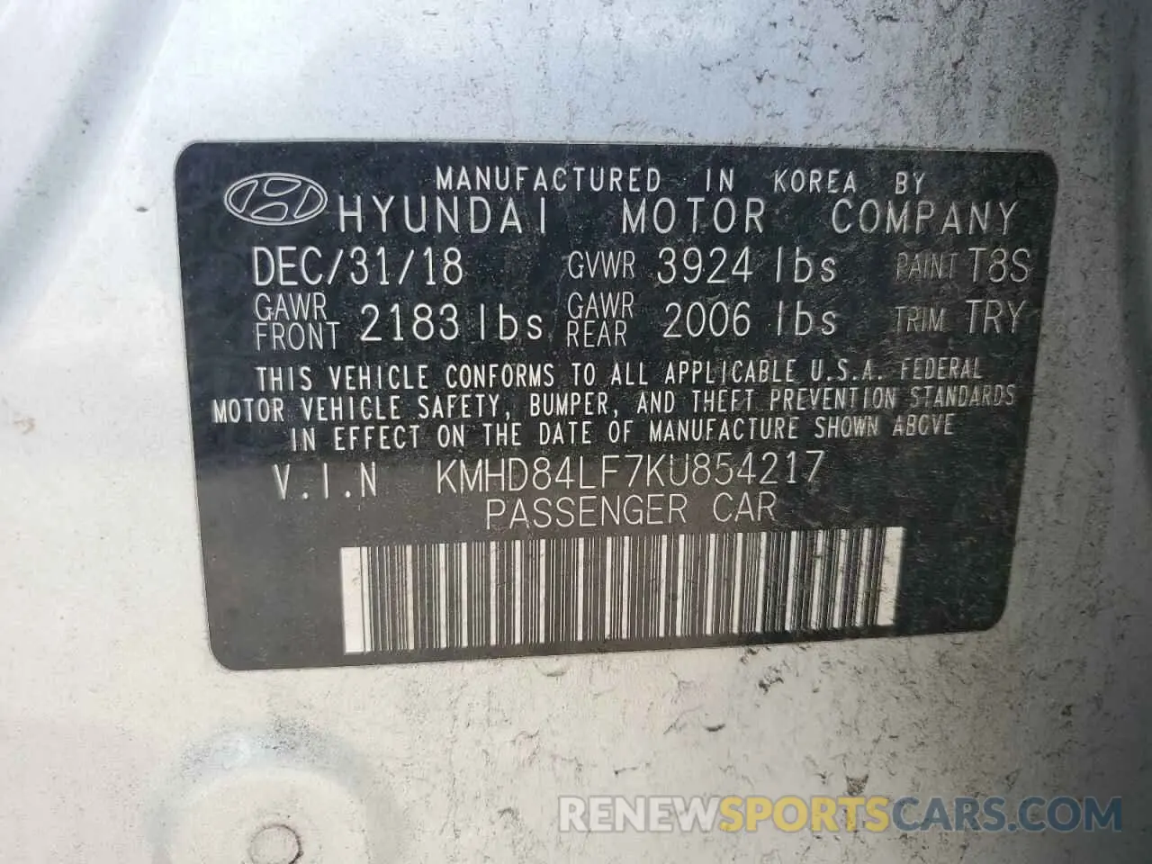 13 Photograph of a damaged car KMHD84LF7KU854217 HYUNDAI ELANTRA 2019