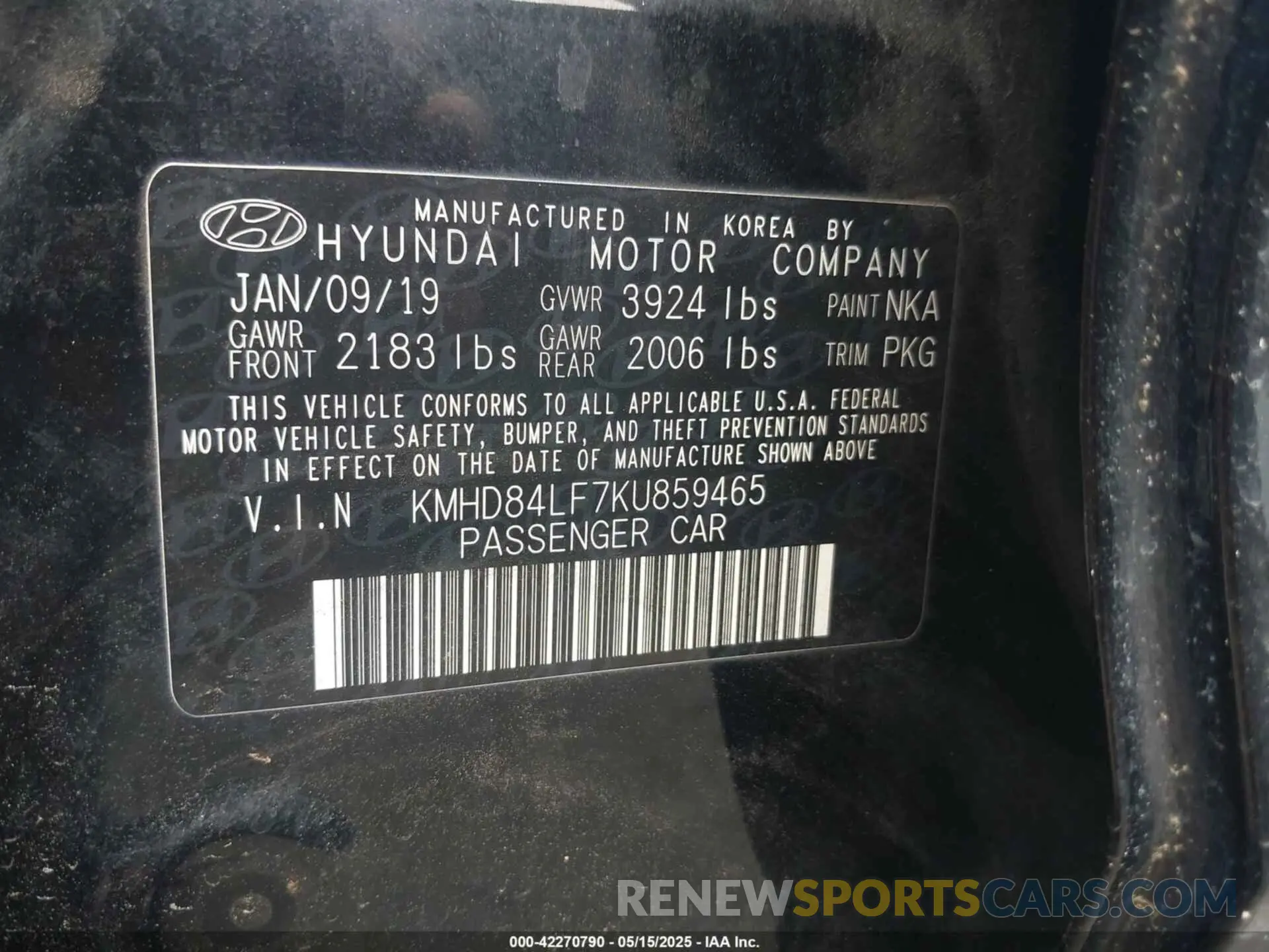 9 Photograph of a damaged car KMHD84LF7KU859465 HYUNDAI ELANTRA 2019