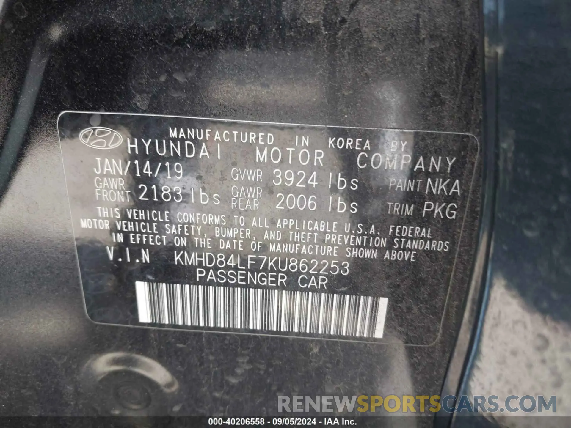 9 Фотография поврежденного автомобиля KMHD84LF7KU862253 HYUNDAI ELANTRA 2019