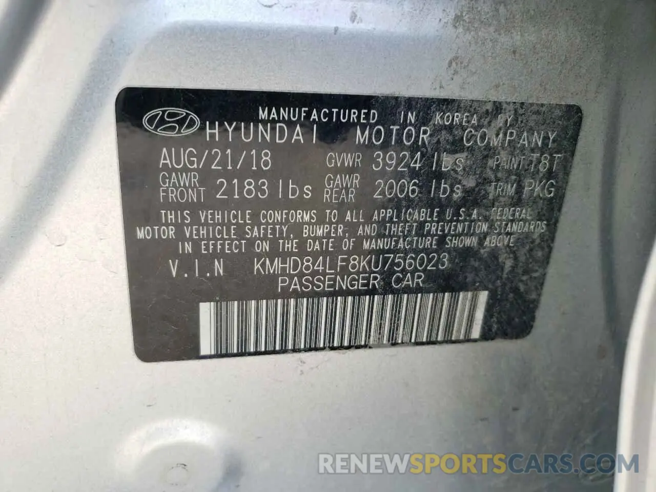 12 Photograph of a damaged car KMHD84LF8KU756023 HYUNDAI ELANTRA 2019