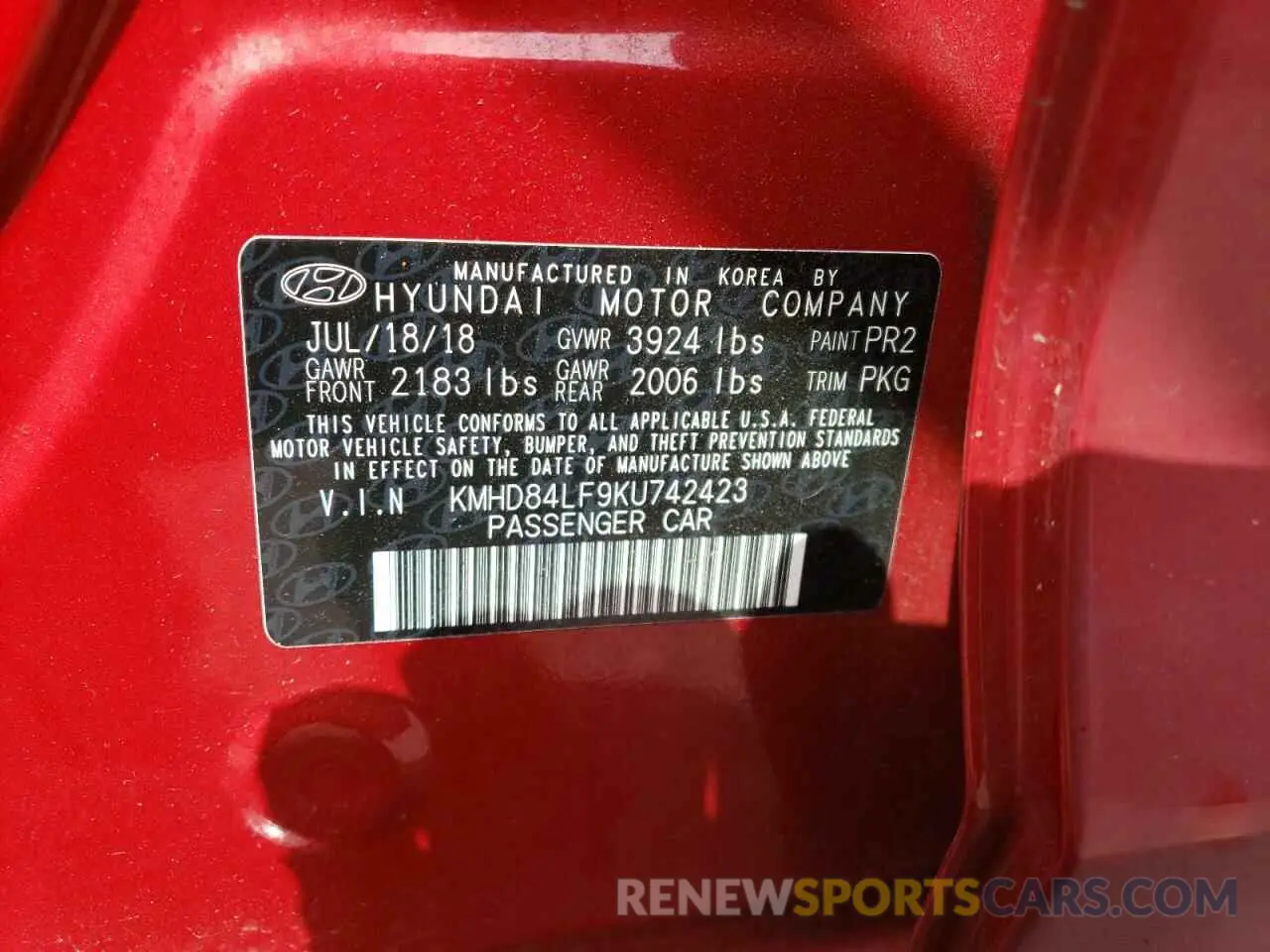 12 Photograph of a damaged car KMHD84LF9KU742423 HYUNDAI ELANTRA 2019