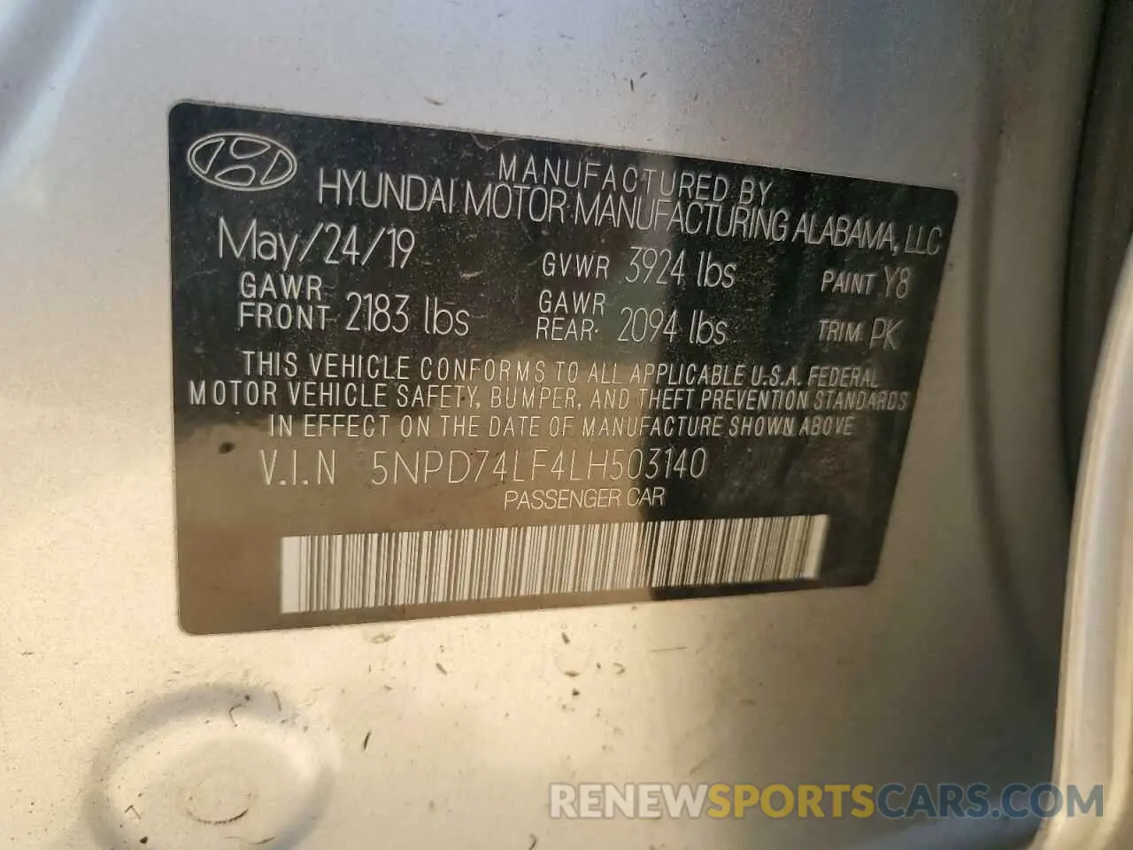 14 Photograph of a damaged car 5NPD74LF4LH503140 HYUNDAI ELANTRA 2020