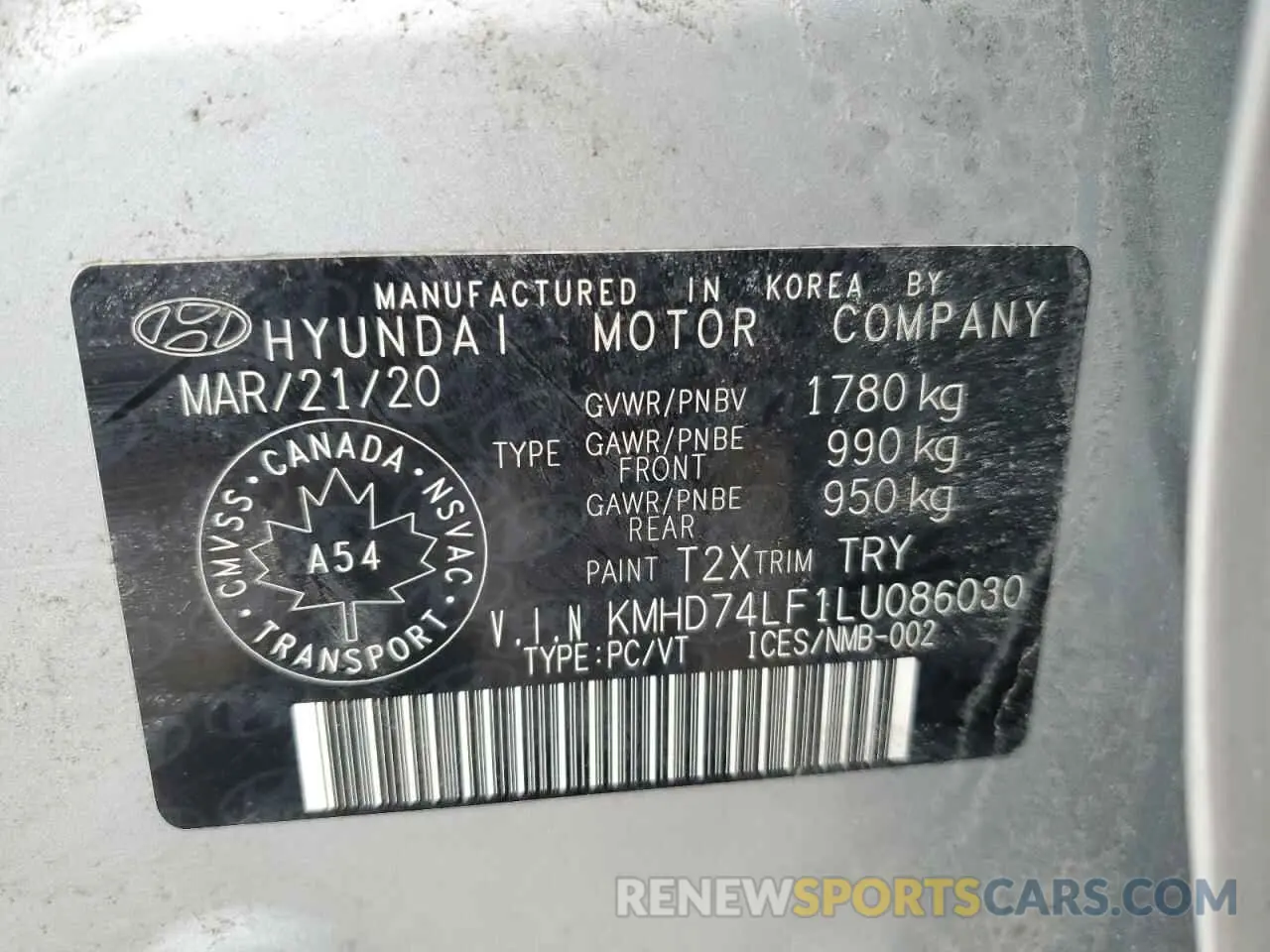 12 Photograph of a damaged car KMHD74LF1LU086030 HYUNDAI ELANTRA 2020