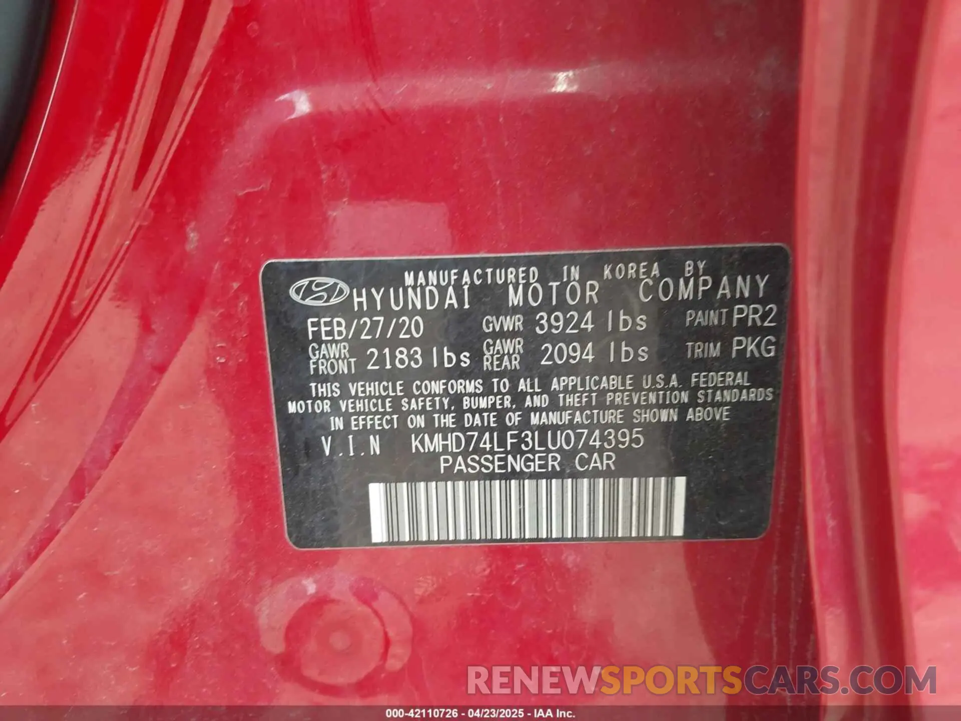 9 Фотография поврежденного автомобиля KMHD74LF3LU074395 HYUNDAI ELANTRA 2020