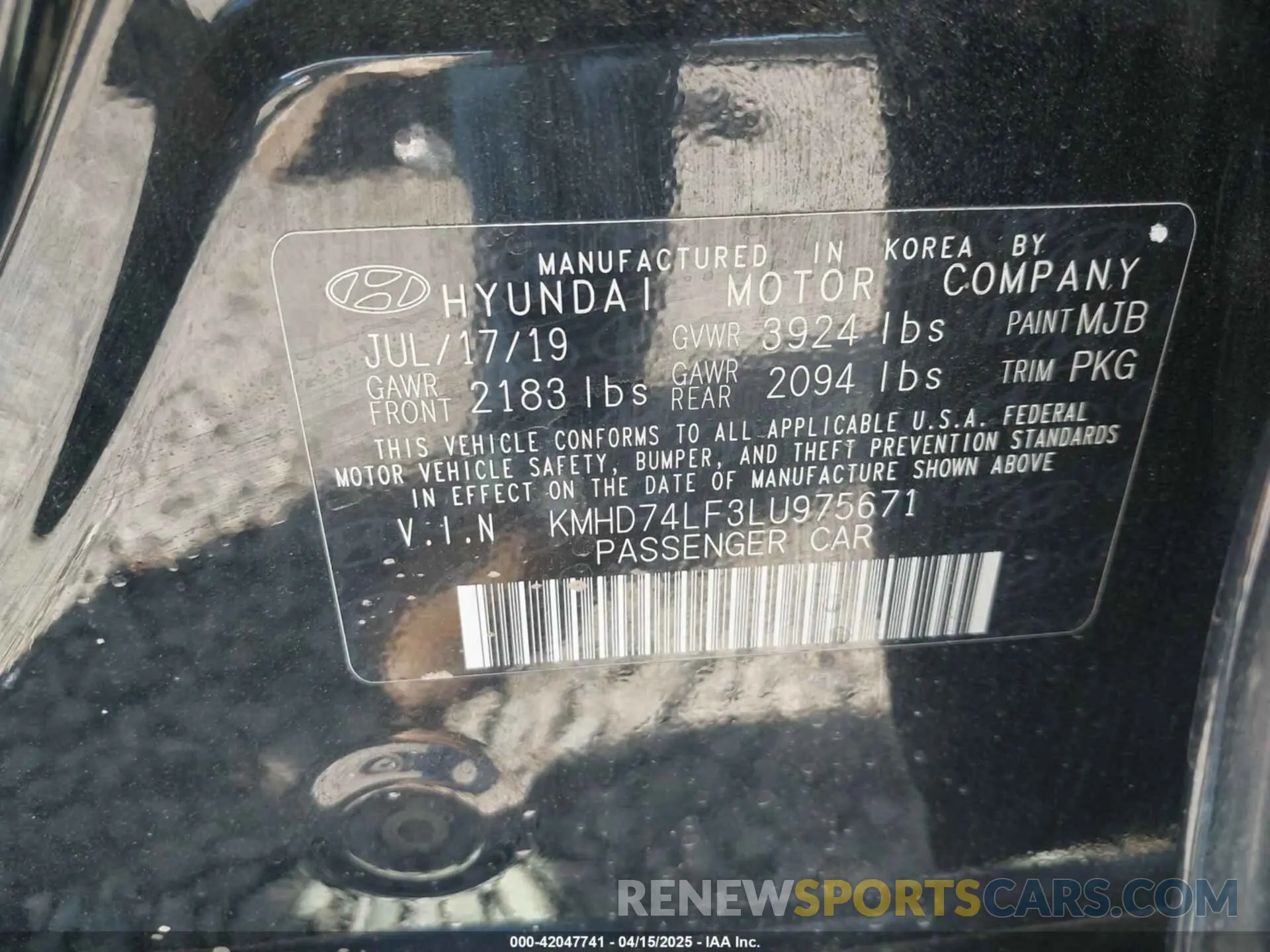 9 Photograph of a damaged car KMHD74LF3LU975671 HYUNDAI ELANTRA 2020