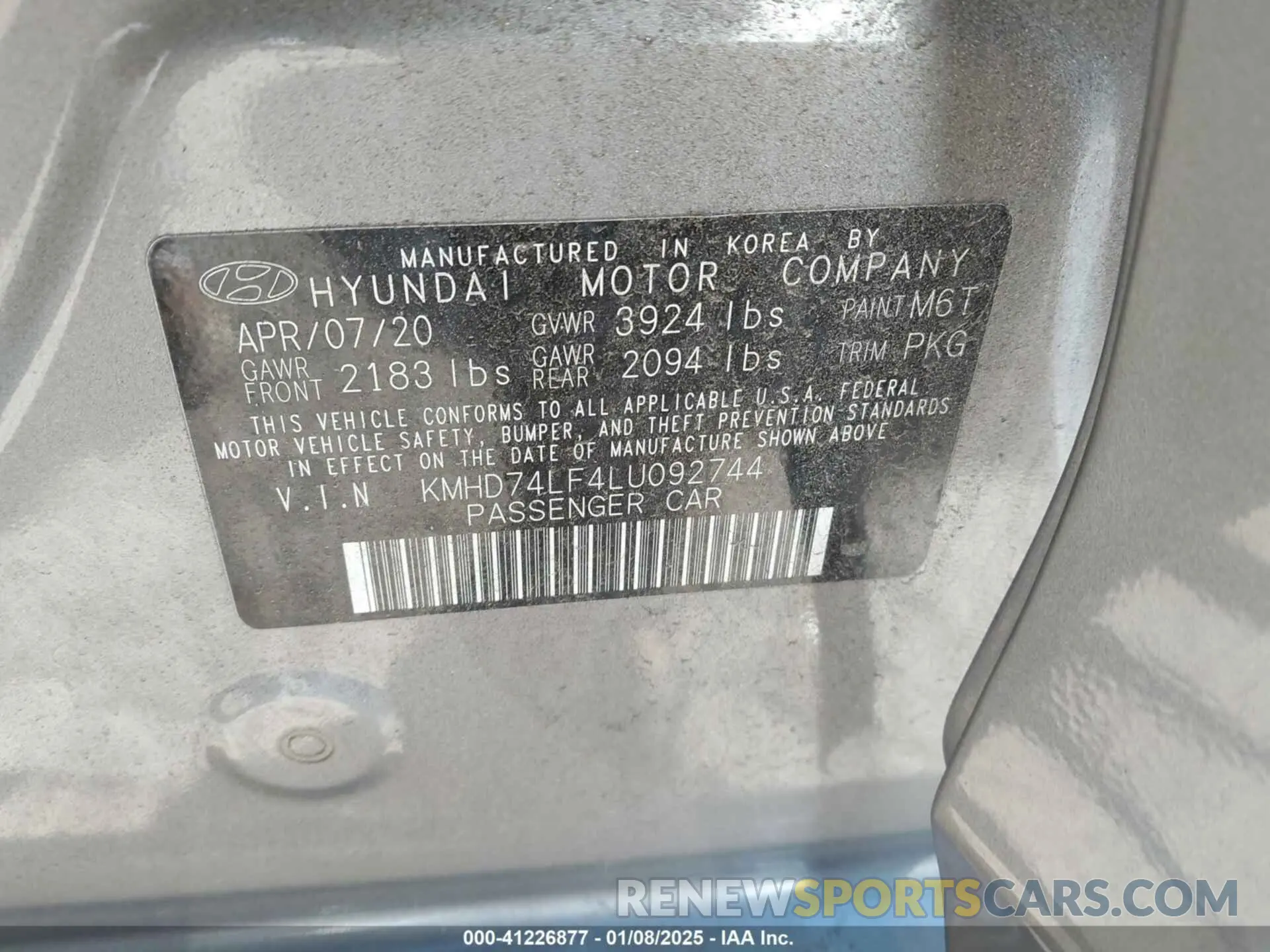 9 Photograph of a damaged car KMHD74LF4LU092744 HYUNDAI ELANTRA 2020