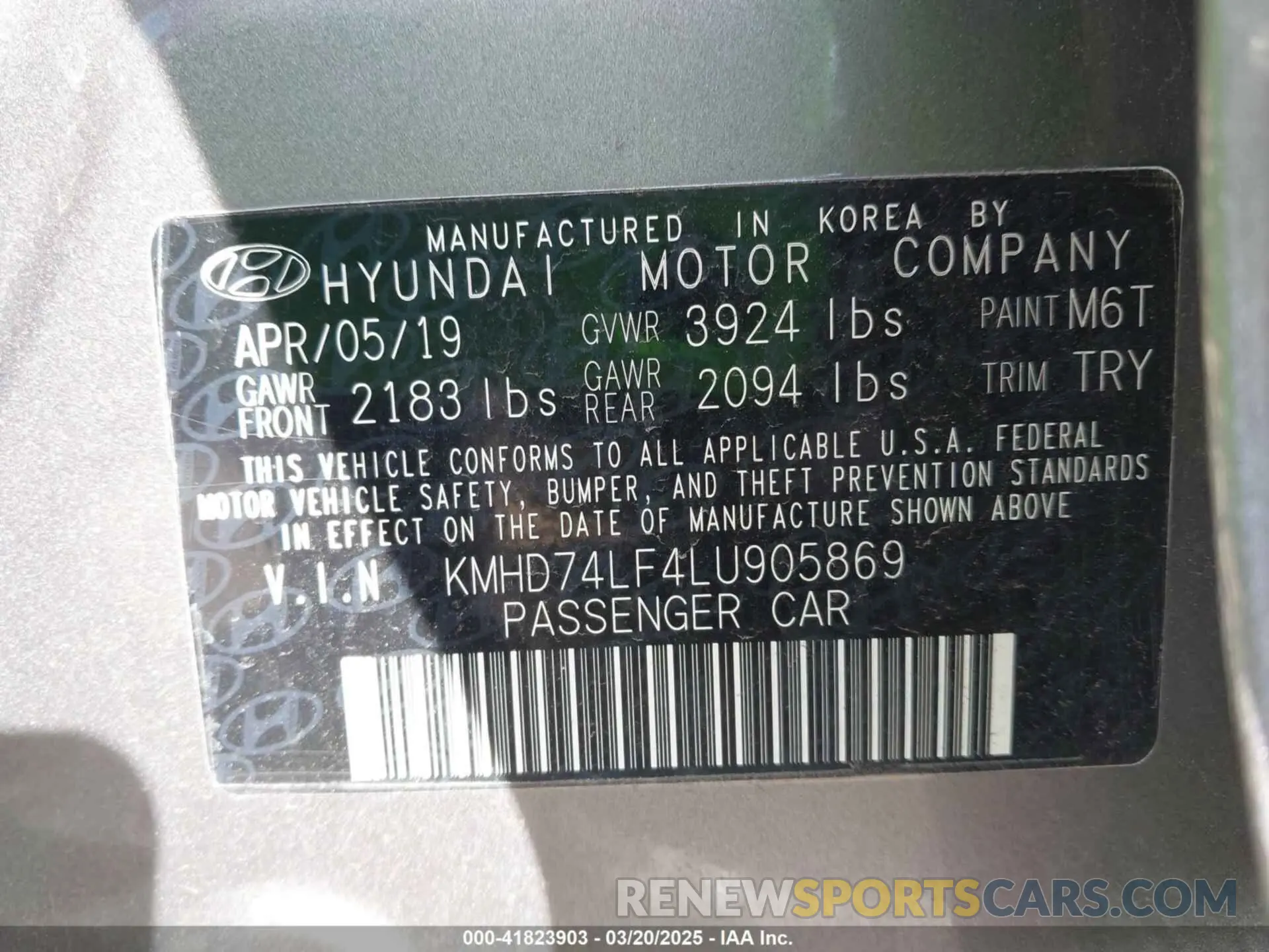9 Фотография поврежденного автомобиля KMHD74LF4LU905869 HYUNDAI ELANTRA 2020