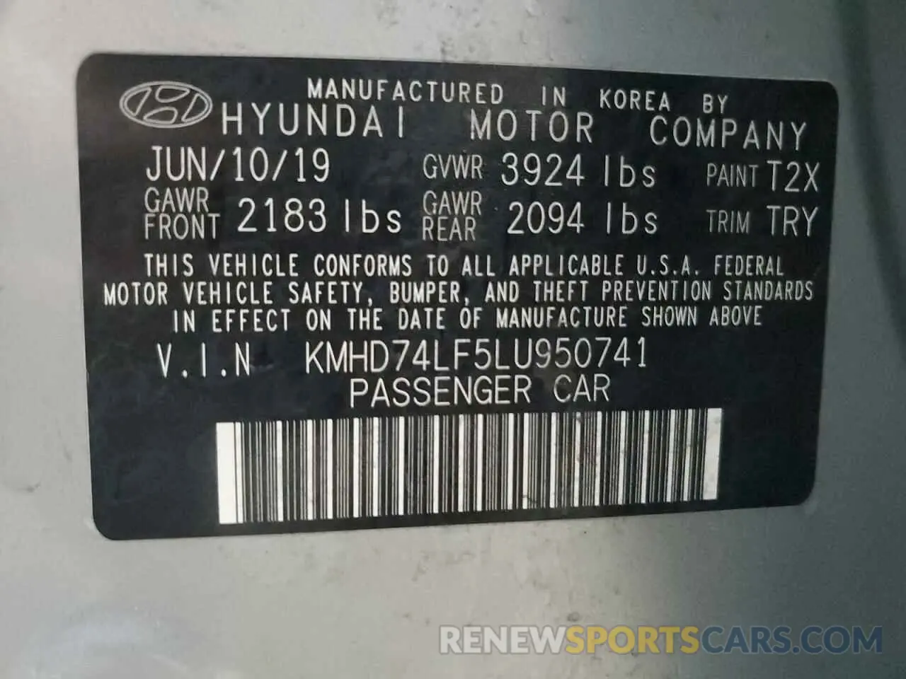 12 Photograph of a damaged car KMHD74LF5LU950741 HYUNDAI ELANTRA 2020