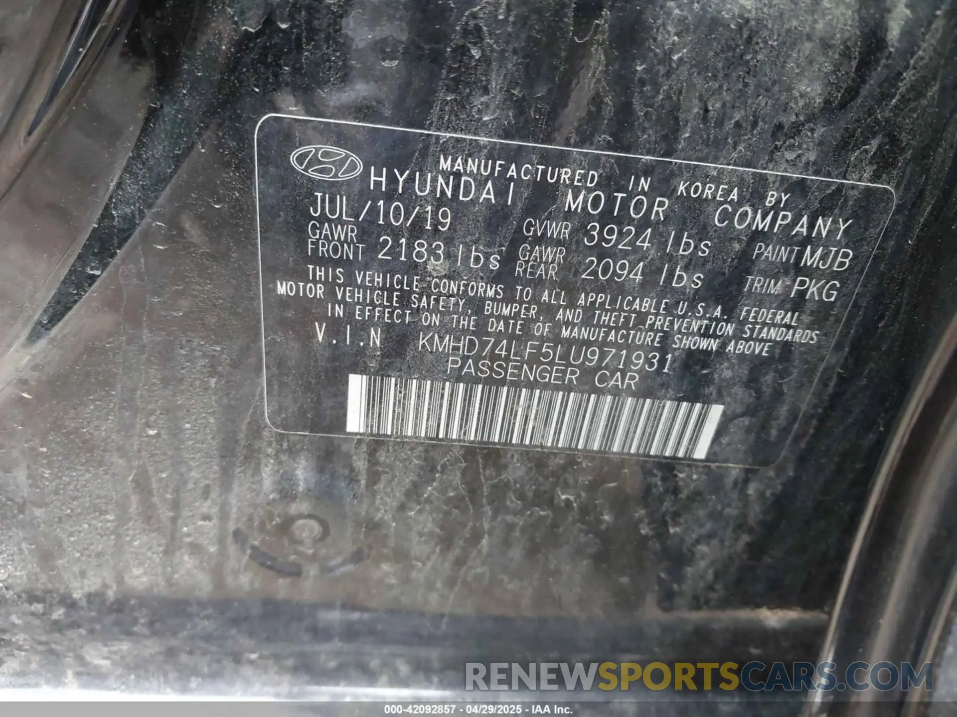 9 Фотография поврежденного автомобиля KMHD74LF5LU971931 HYUNDAI ELANTRA 2020