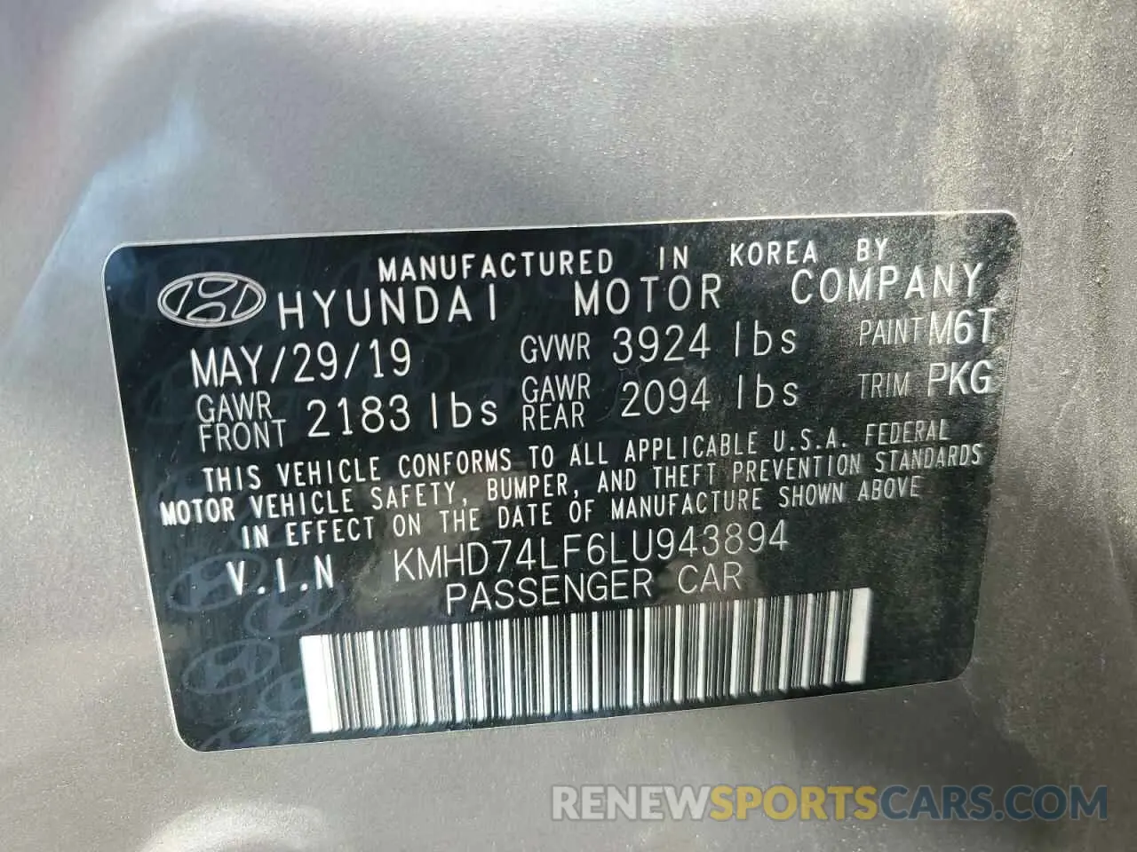 12 Photograph of a damaged car KMHD74LF6LU943894 HYUNDAI ELANTRA 2020