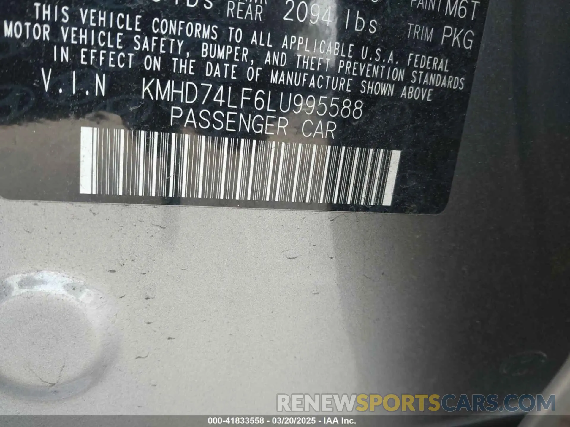 9 Photograph of a damaged car KMHD74LF6LU995588 HYUNDAI ELANTRA 2020