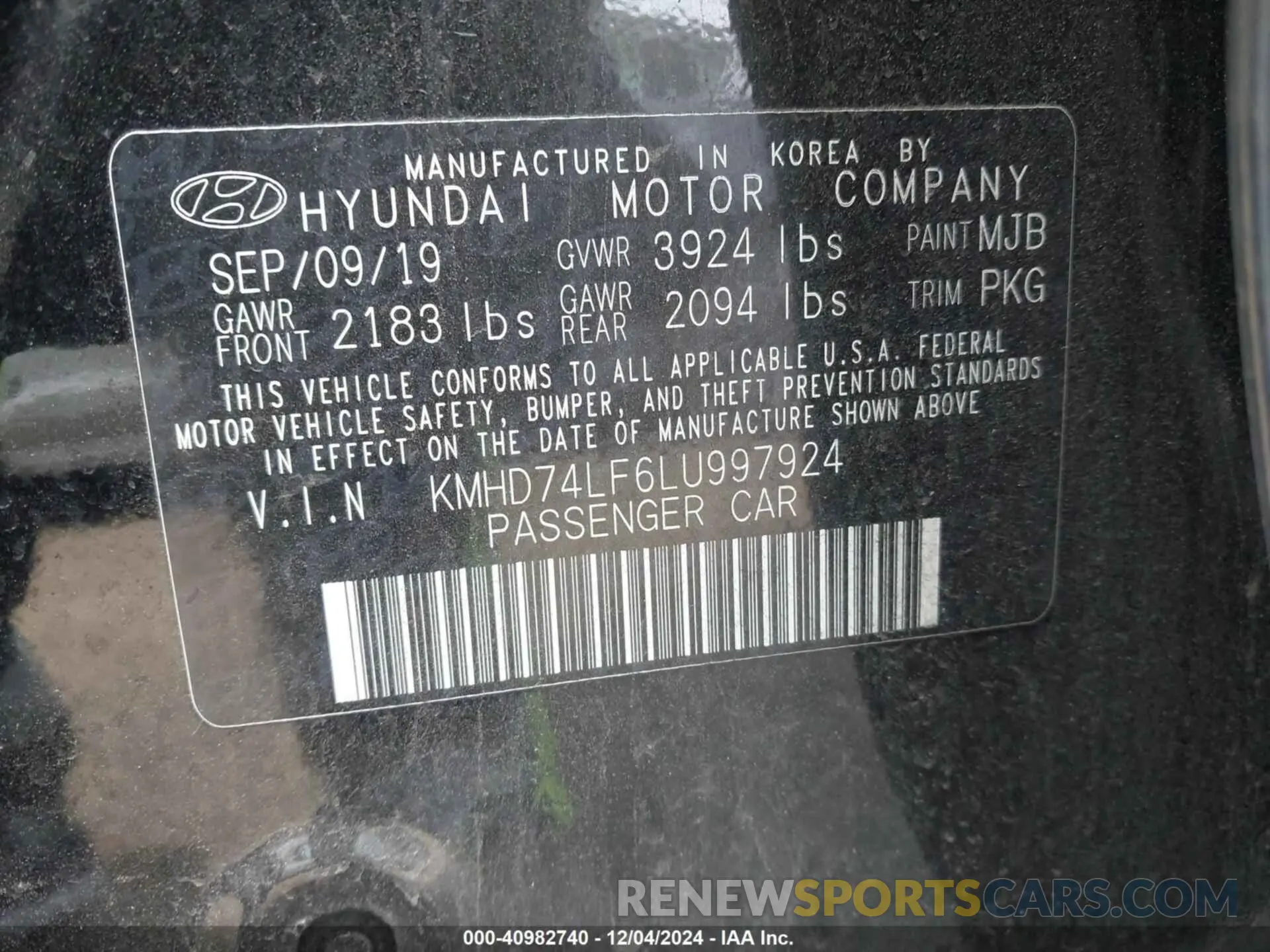 9 Фотография поврежденного автомобиля KMHD74LF6LU997924 HYUNDAI ELANTRA 2020