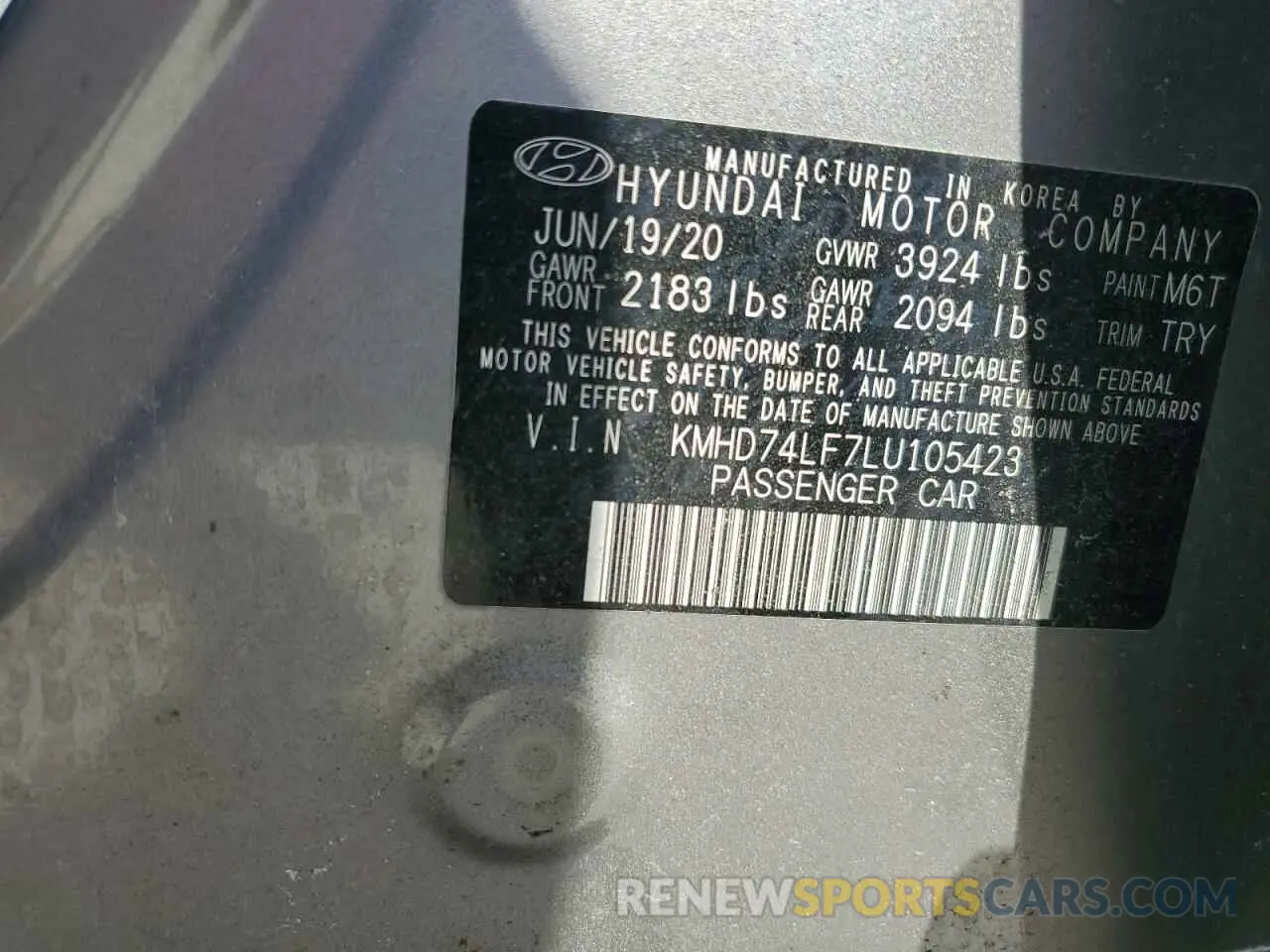 13 Фотография поврежденного автомобиля KMHD74LF7LU105423 HYUNDAI ELANTRA 2020