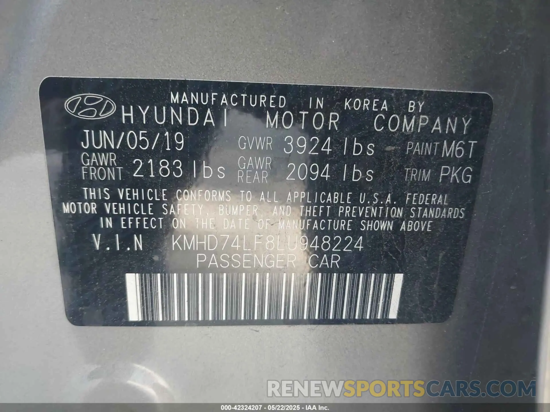 9 Фотография поврежденного автомобиля KMHD74LF8LU948224 HYUNDAI ELANTRA 2020