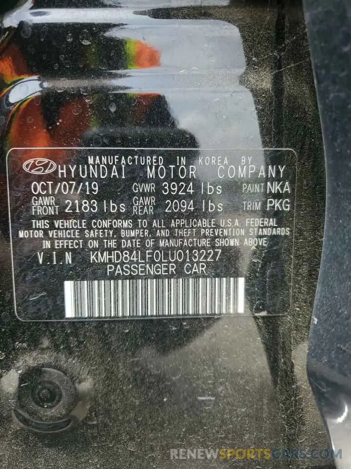 13 Фотография поврежденного автомобиля KMHD84LF0LU013227 HYUNDAI ELANTRA 2020