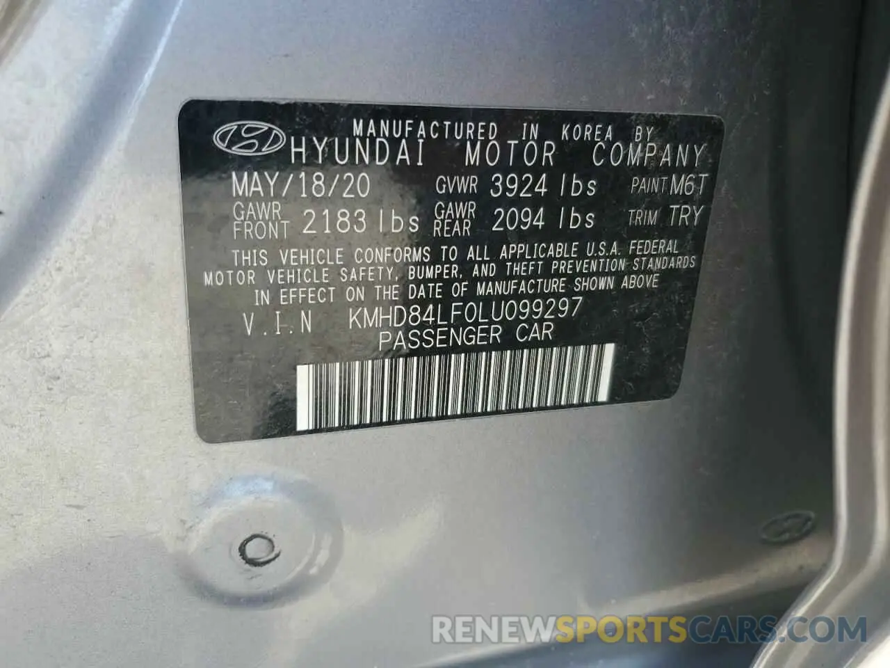 12 Фотография поврежденного автомобиля KMHD84LF0LU099297 HYUNDAI ELANTRA 2020