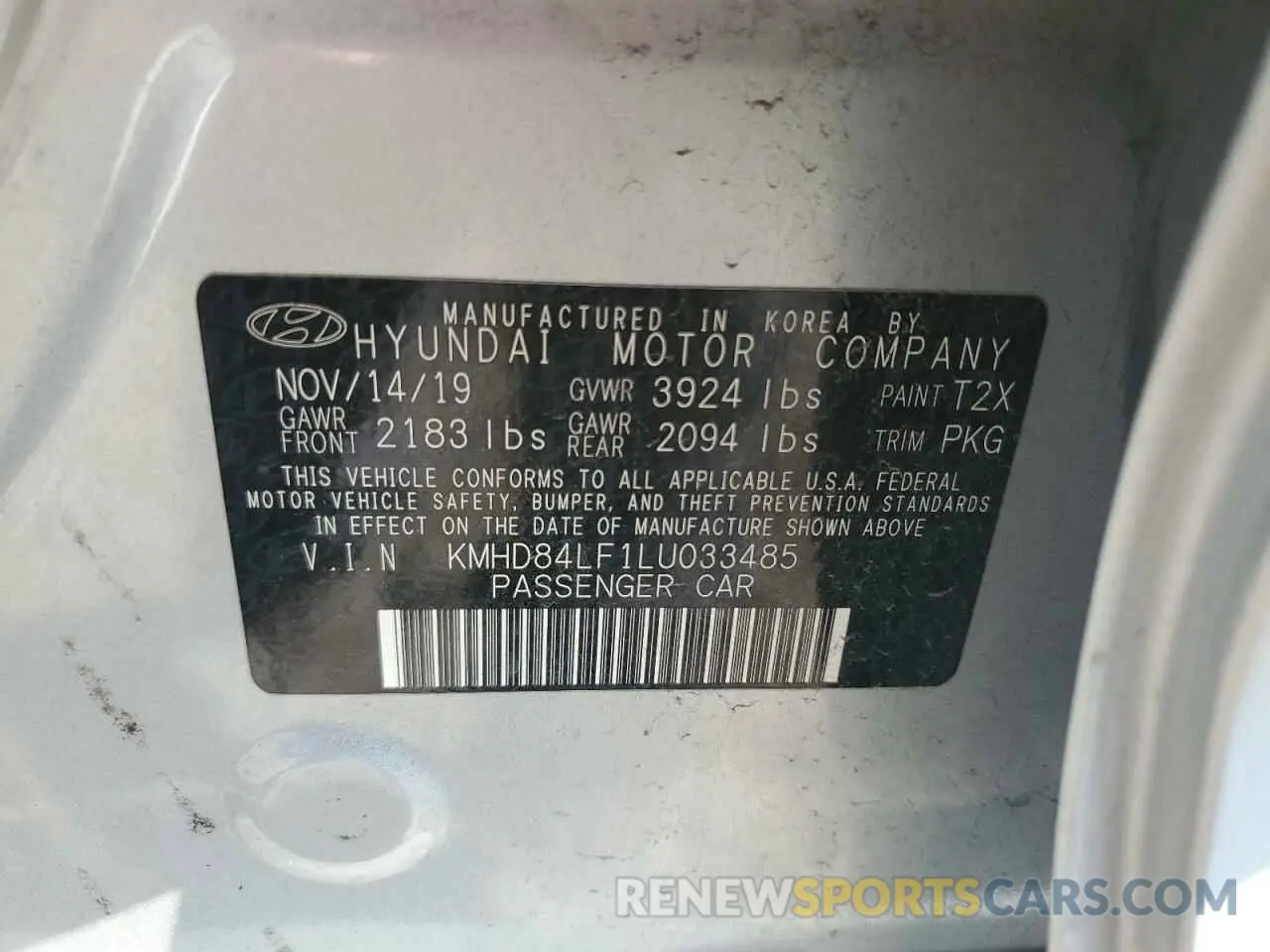 12 Фотография поврежденного автомобиля KMHD84LF1LU033485 HYUNDAI ELANTRA 2020