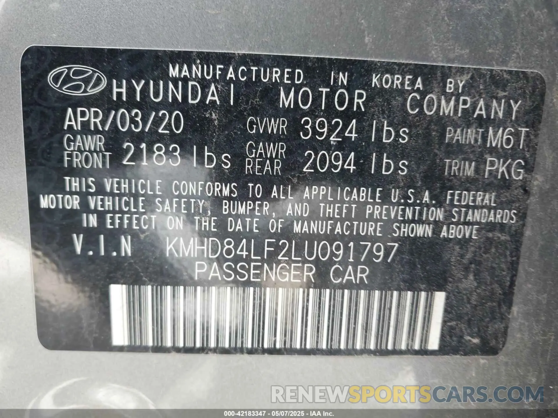 9 Фотография поврежденного автомобиля KMHD84LF2LU091797 HYUNDAI ELANTRA 2020