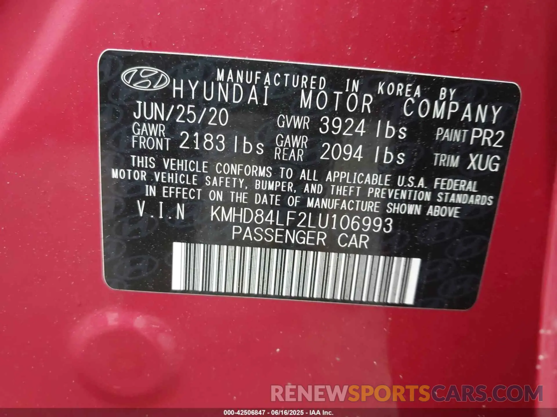 9 Фотография поврежденного автомобиля KMHD84LF2LU106993 HYUNDAI ELANTRA 2020