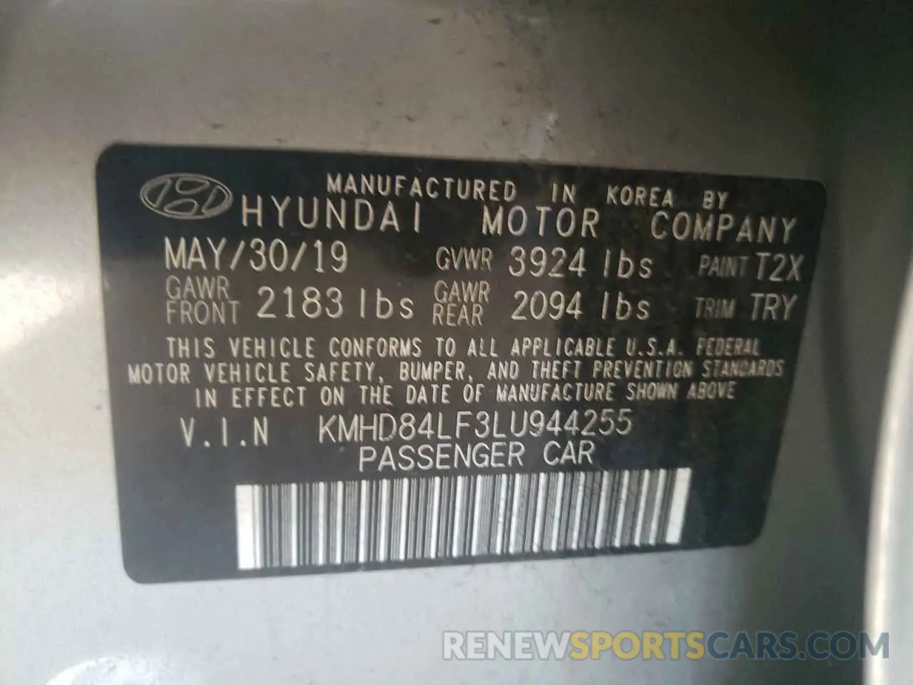 12 Фотография поврежденного автомобиля KMHD84LF3LU944255 HYUNDAI ELANTRA 2020