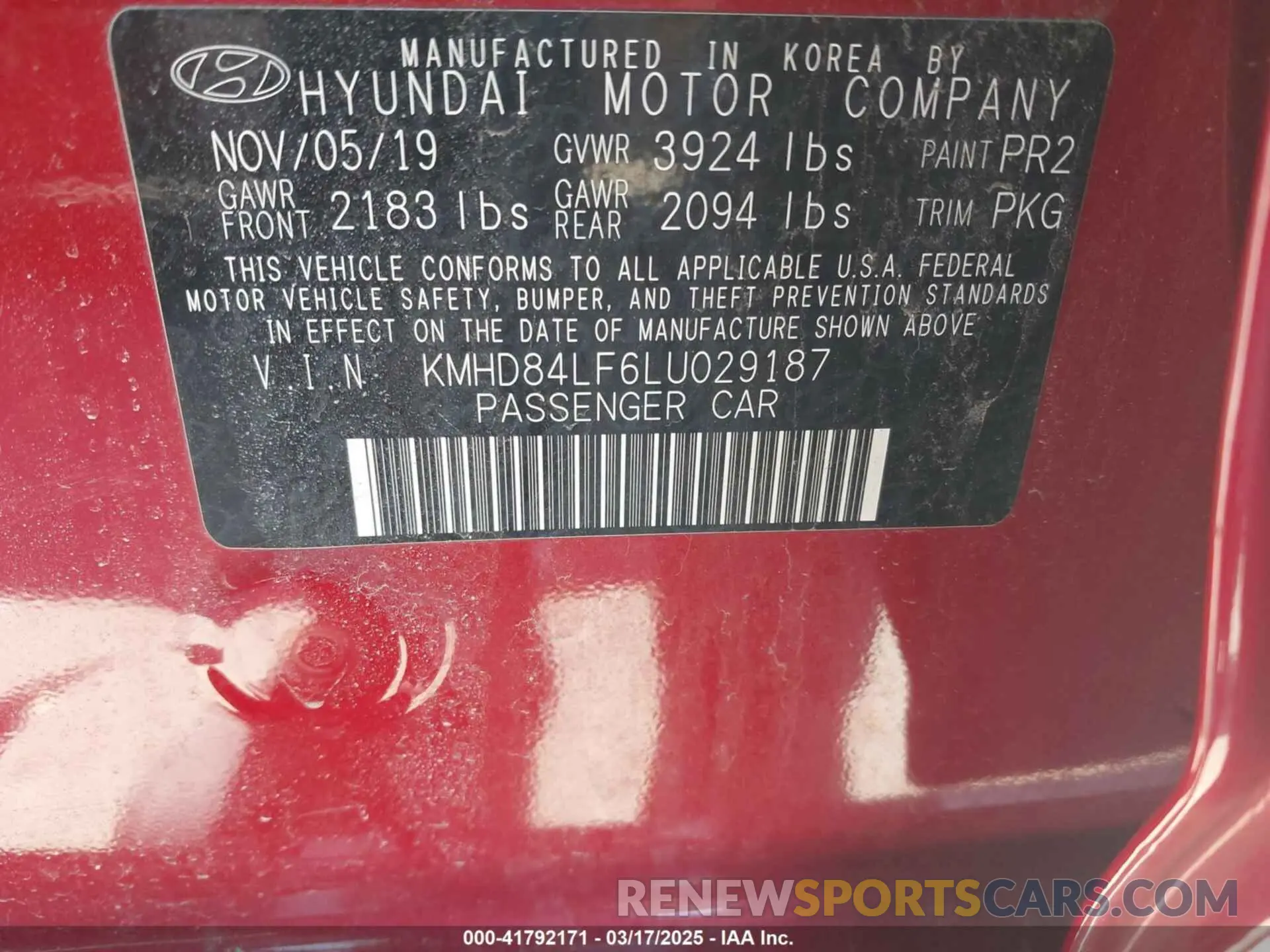 9 Фотография поврежденного автомобиля KMHD84LF6LU029187 HYUNDAI ELANTRA 2020