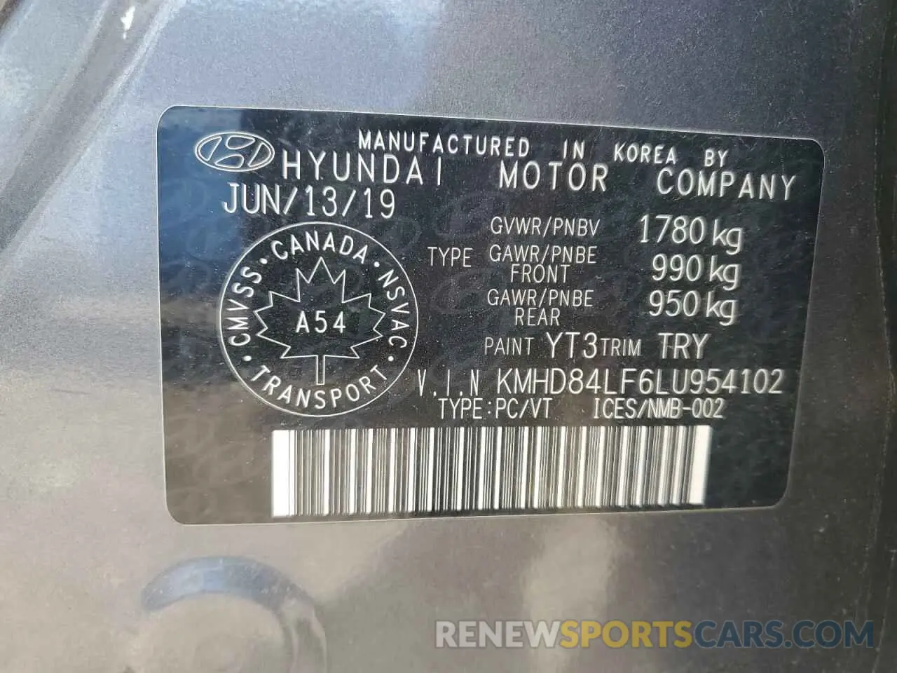 13 Photograph of a damaged car KMHD84LF6LU954102 HYUNDAI ELANTRA 2020