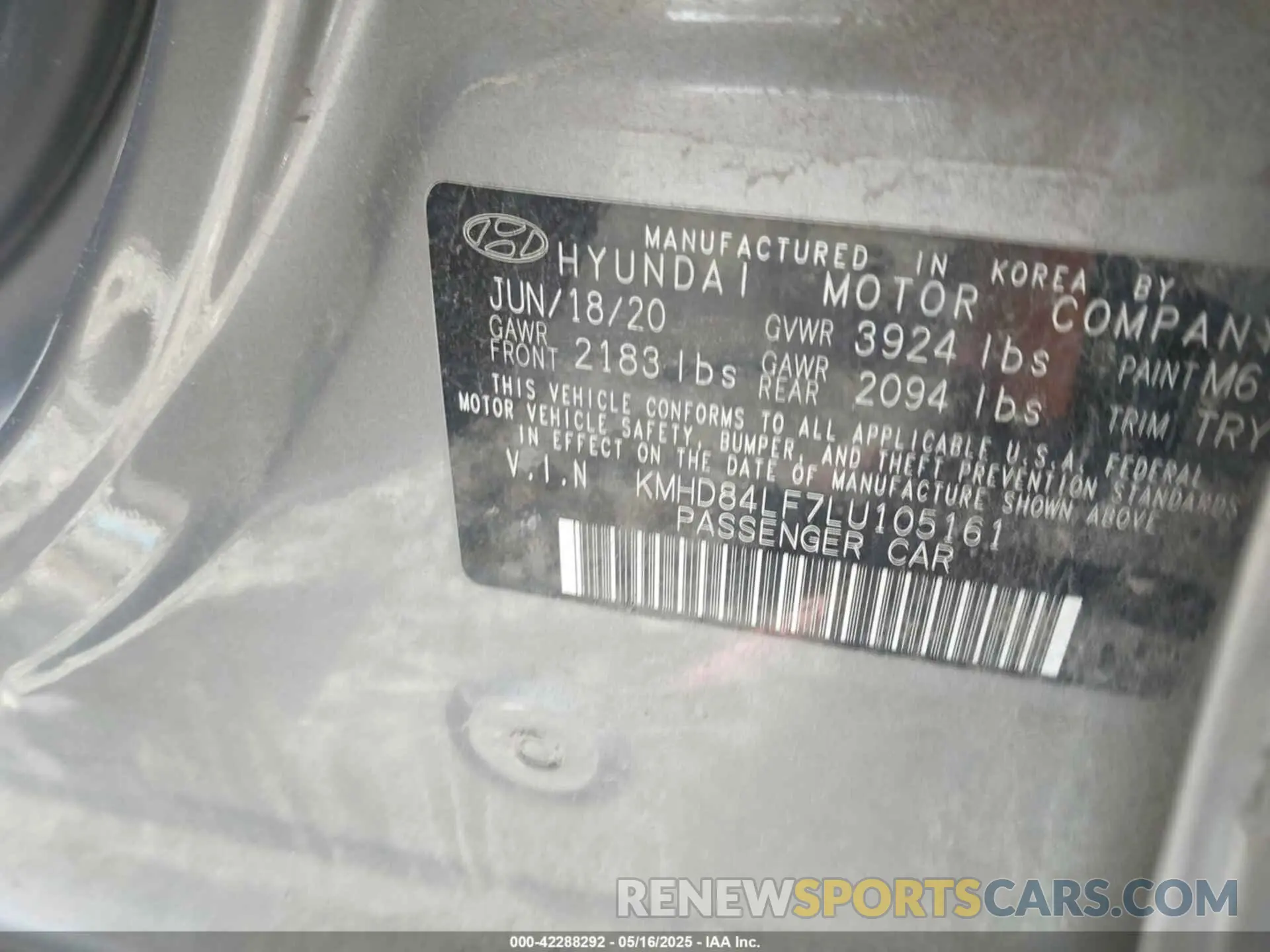 9 Фотография поврежденного автомобиля KMHD84LF7LU105161 HYUNDAI ELANTRA 2020