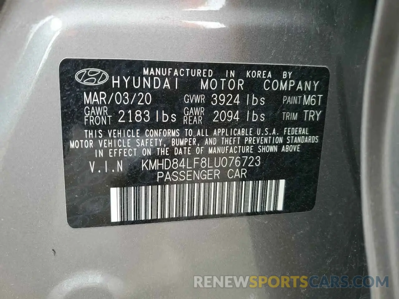 12 Фотография поврежденного автомобиля KMHD84LF8LU076723 HYUNDAI ELANTRA 2020