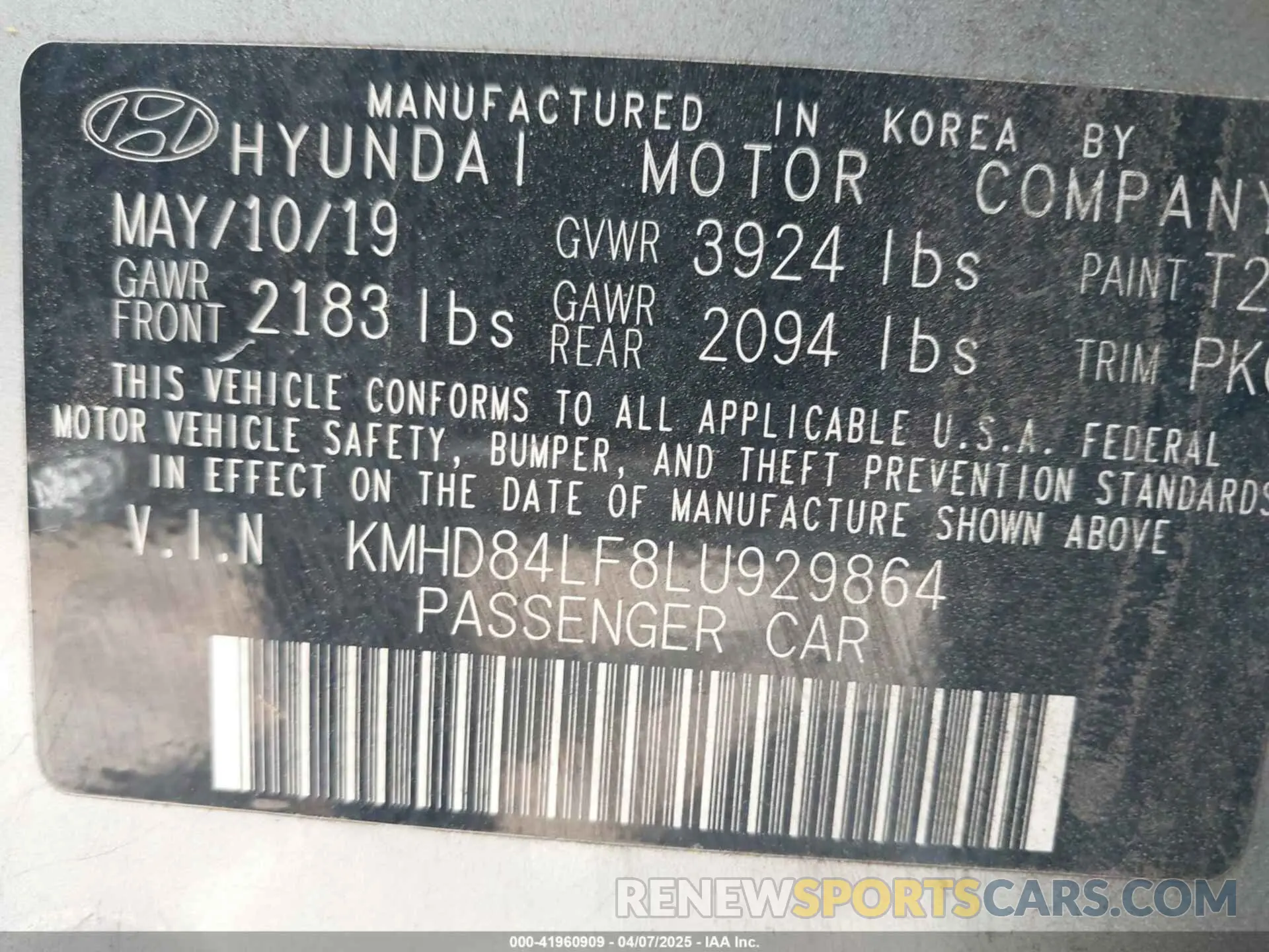 9 Фотография поврежденного автомобиля KMHD84LF8LU929864 HYUNDAI ELANTRA 2020