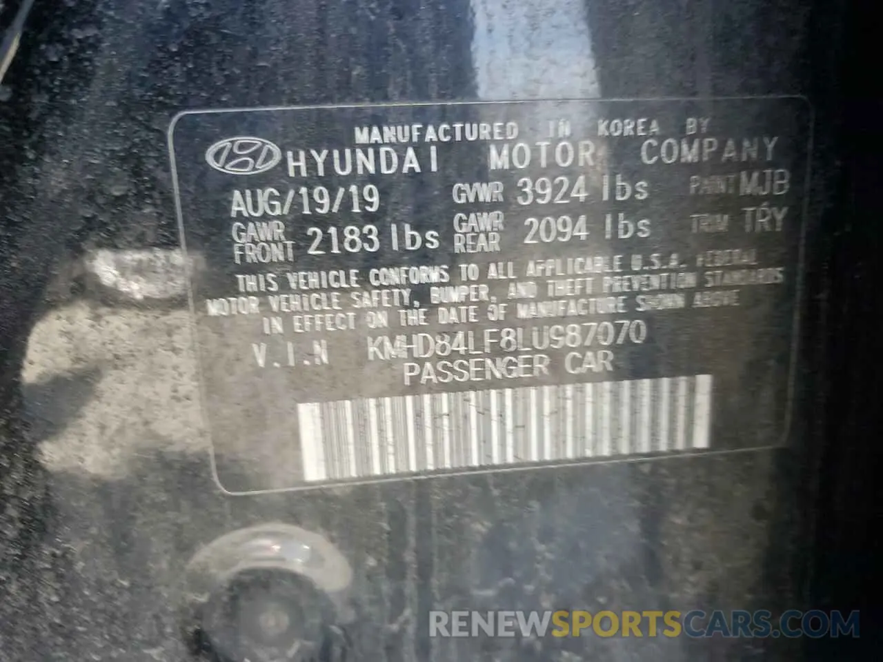 12 Фотография поврежденного автомобиля KMHD84LF8LU987070 HYUNDAI ELANTRA 2020