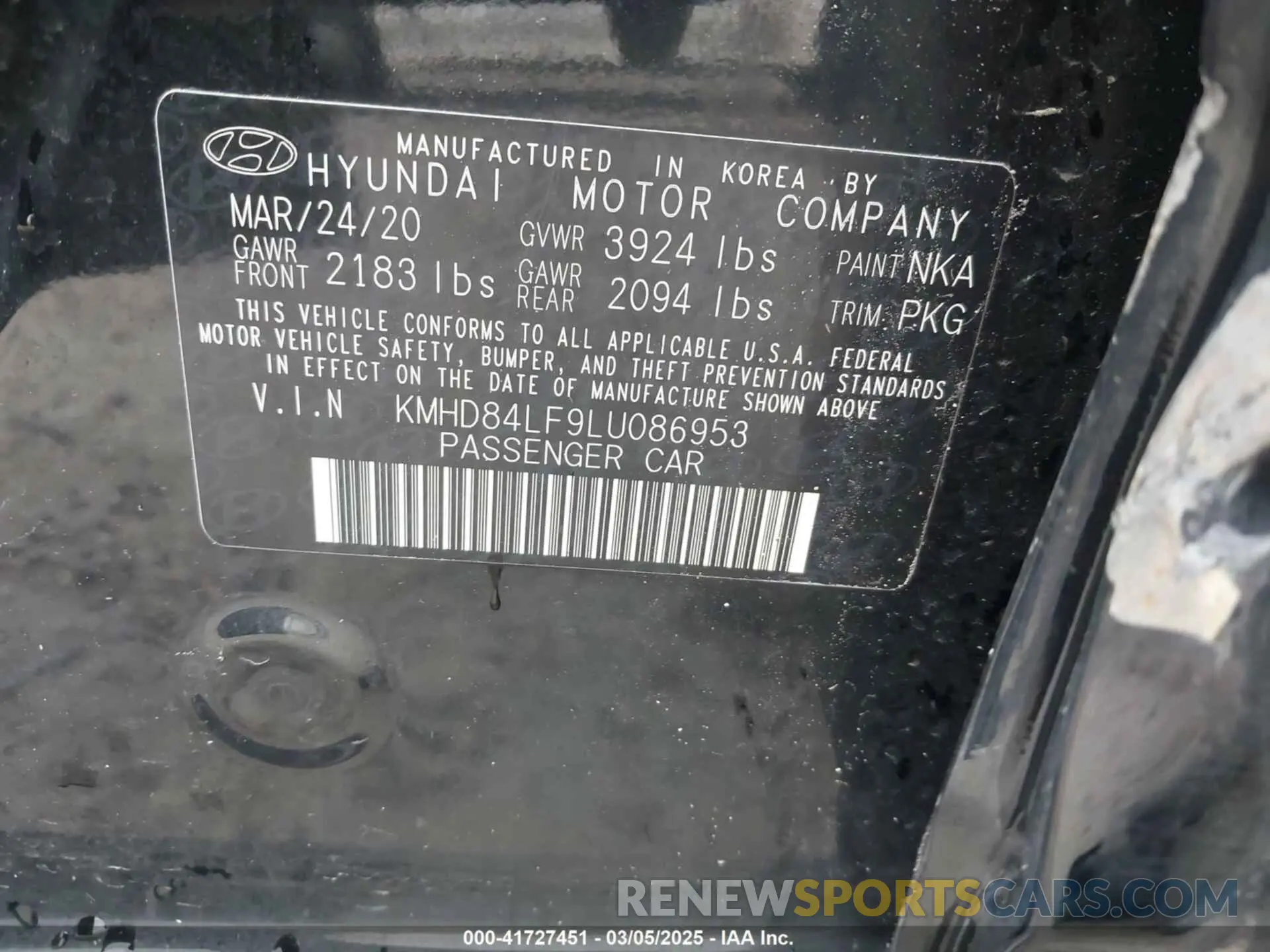 9 Фотография поврежденного автомобиля KMHD84LF9LU086953 HYUNDAI ELANTRA 2020