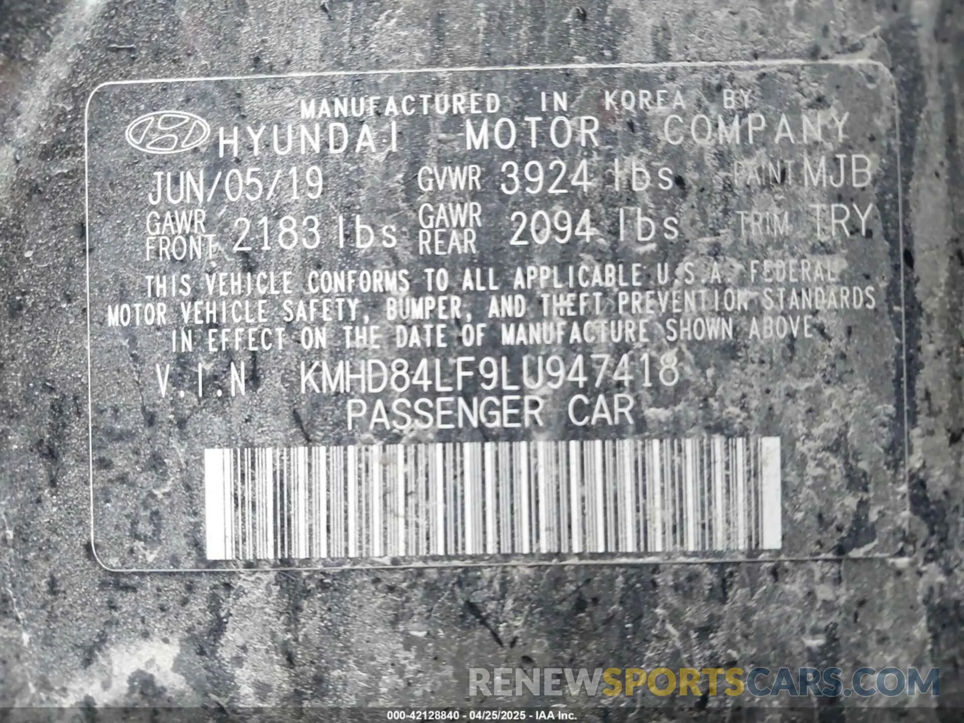 9 Фотография поврежденного автомобиля KMHD84LF9LU947418 HYUNDAI ELANTRA 2020