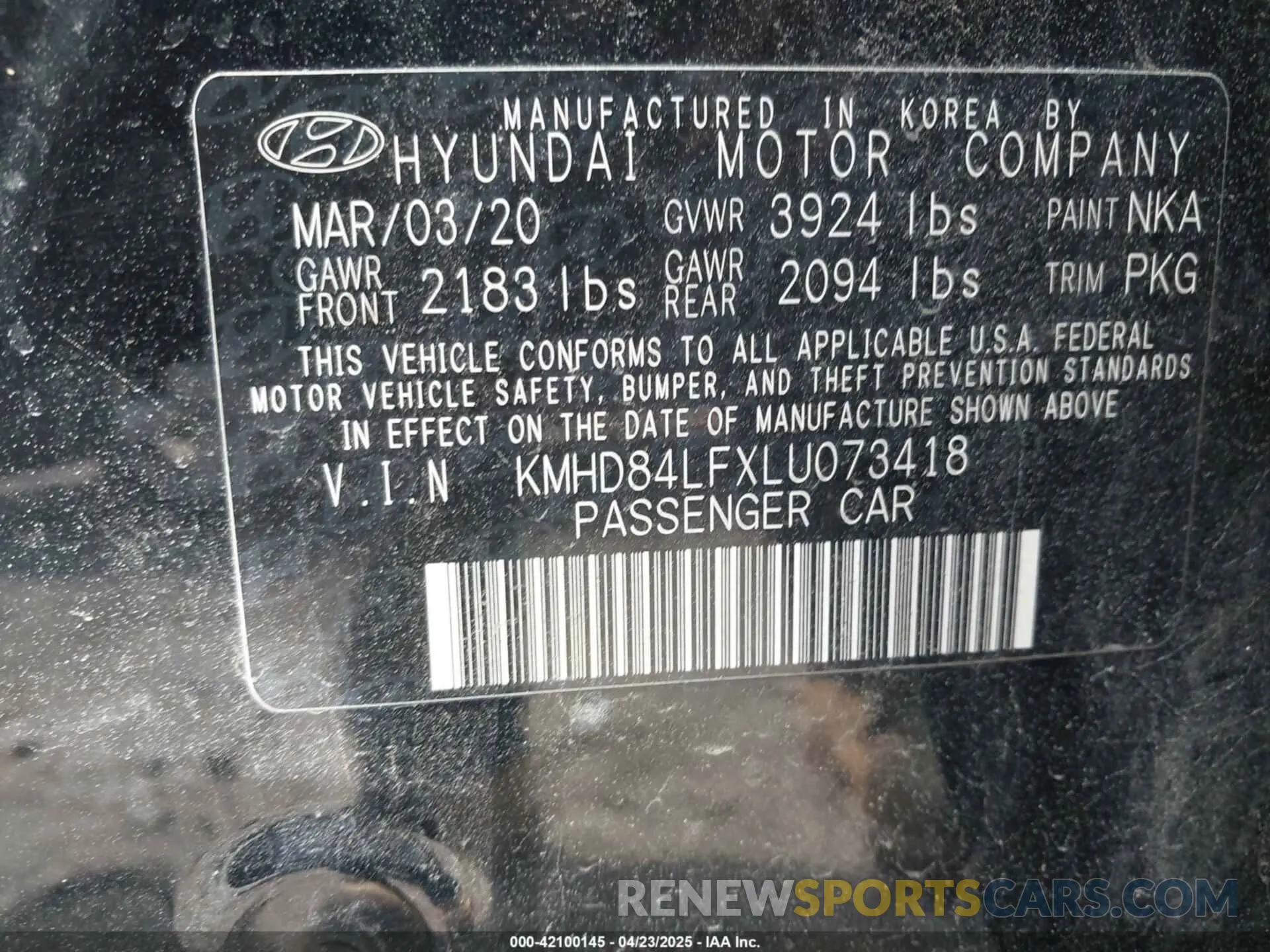 9 Фотография поврежденного автомобиля KMHD84LFXLU073418 HYUNDAI ELANTRA 2020