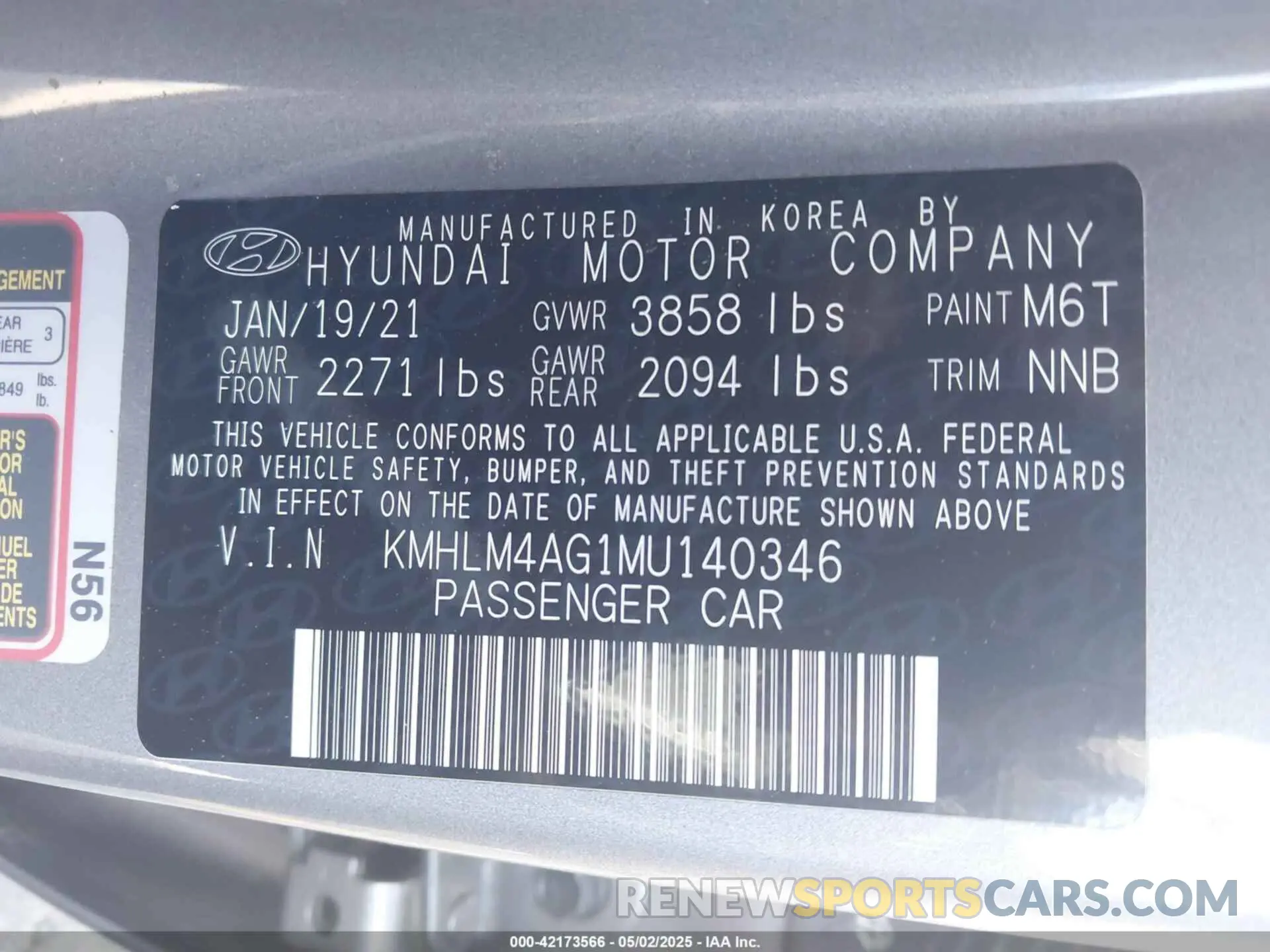 9 Фотография поврежденного автомобиля KMHLM4AG1MU140346 HYUNDAI ELANTRA 2021