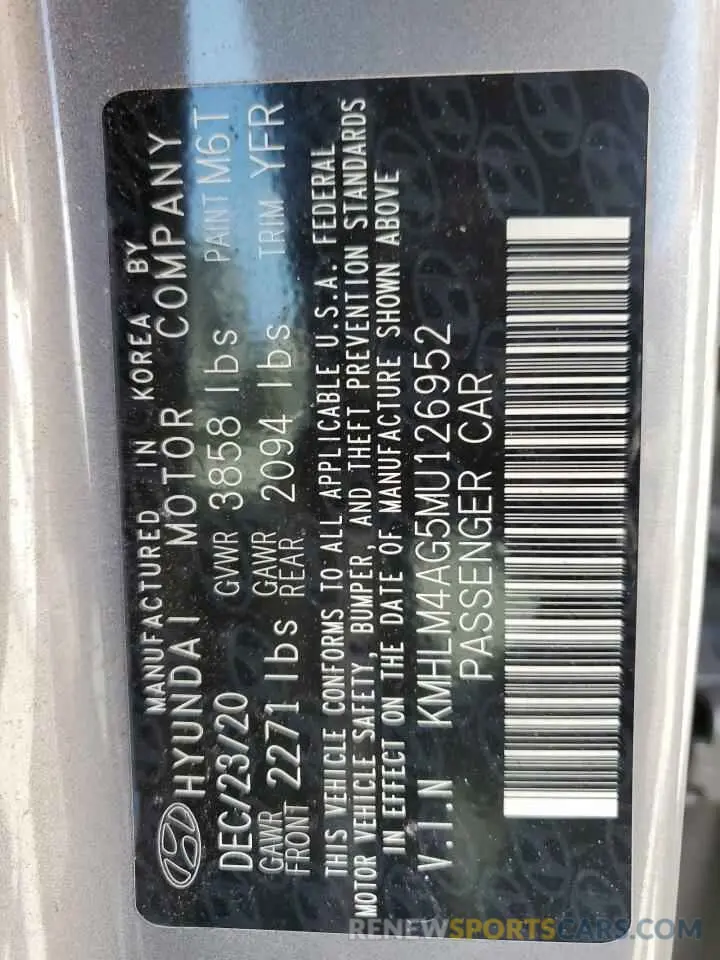 13 Фотография поврежденного автомобиля KMHLM4AG5MU126952 HYUNDAI ELANTRA 2021