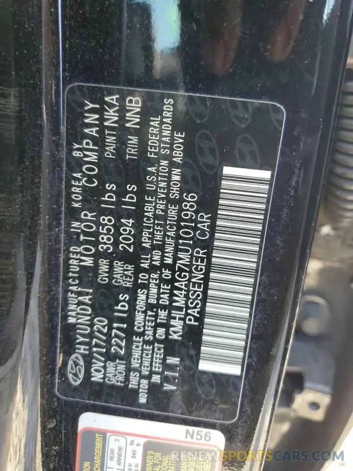 12 Фотография поврежденного автомобиля KMHLM4AG7MU101986 HYUNDAI ELANTRA 2021