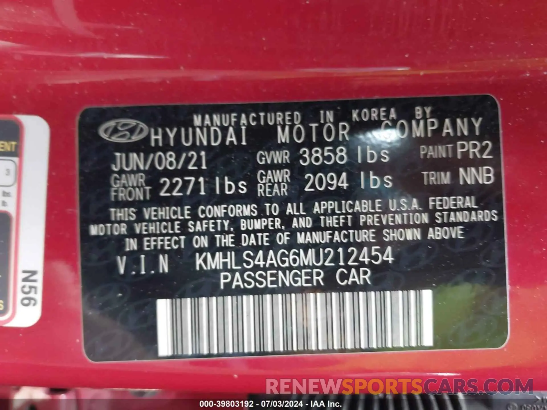 9 Фотография поврежденного автомобиля KMHLS4AG6MU212454 HYUNDAI ELANTRA 2021