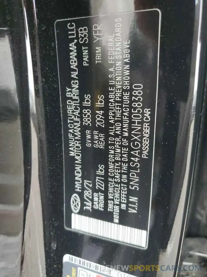 12 Фотография поврежденного автомобиля 5NPLS4AGXNH058380 HYUNDAI ELANTRA 2022