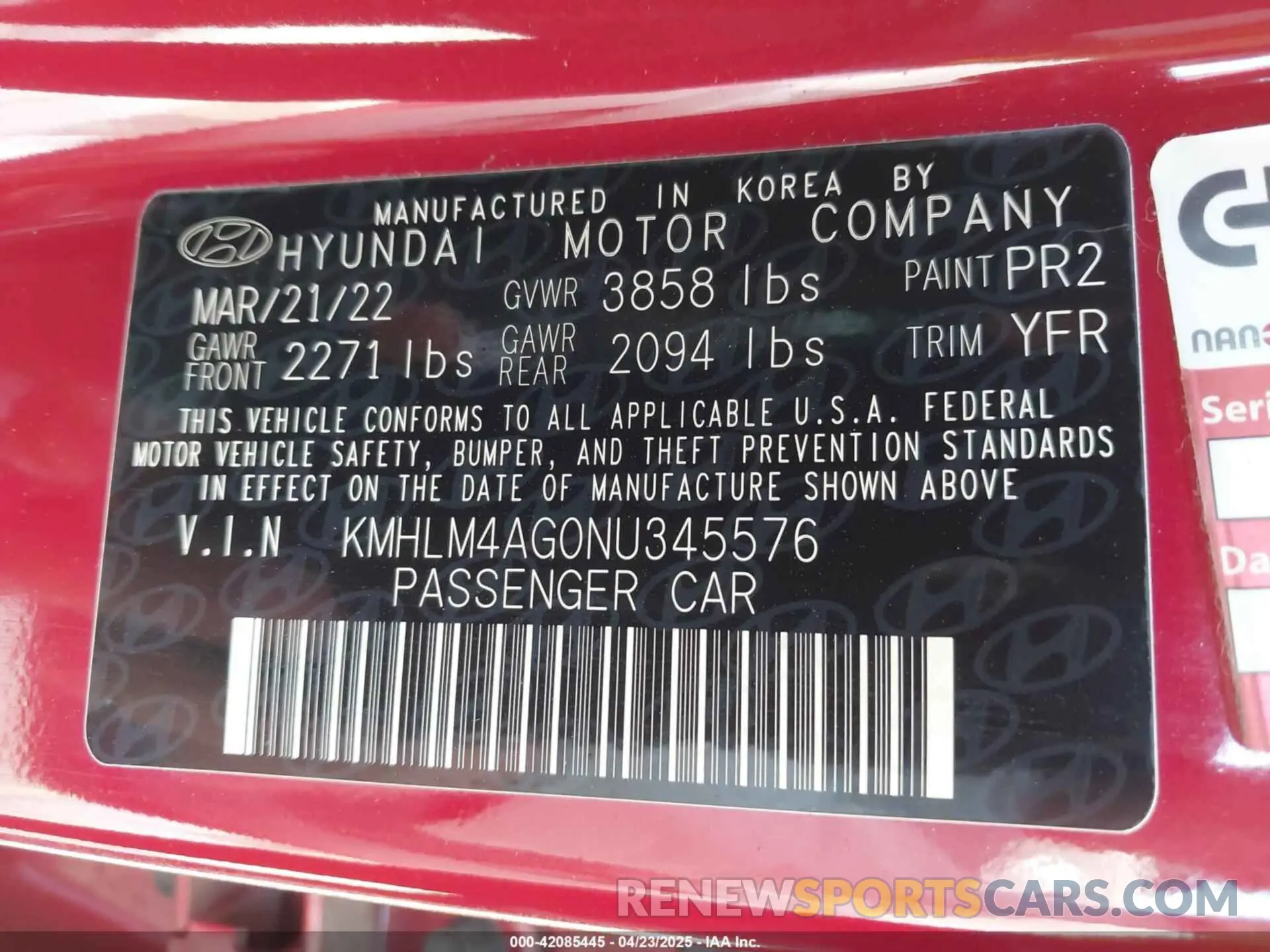 9 Photograph of a damaged car KMHLM4AG0NU345576 HYUNDAI ELANTRA 2022