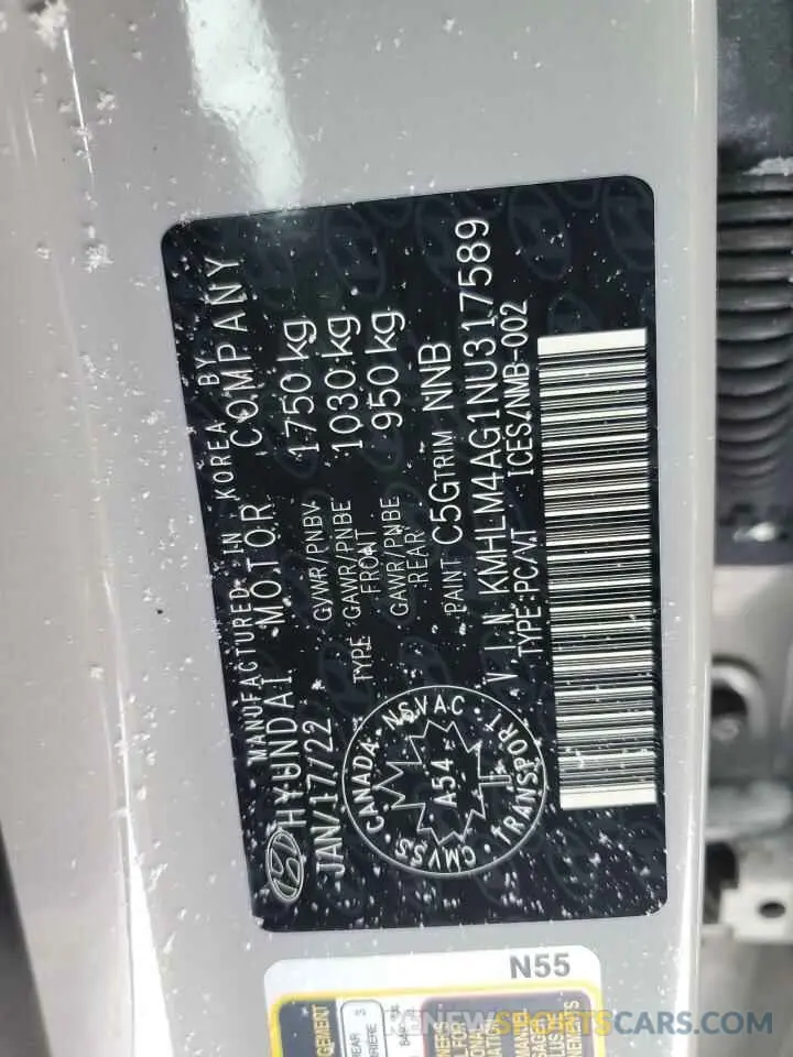 12 Фотография поврежденного автомобиля KMHLM4AG1NU317589 HYUNDAI ELANTRA 2022