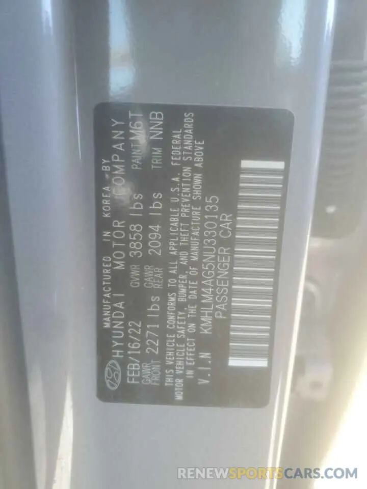12 Фотография поврежденного автомобиля KMHLM4AG5NU330135 HYUNDAI ELANTRA 2022