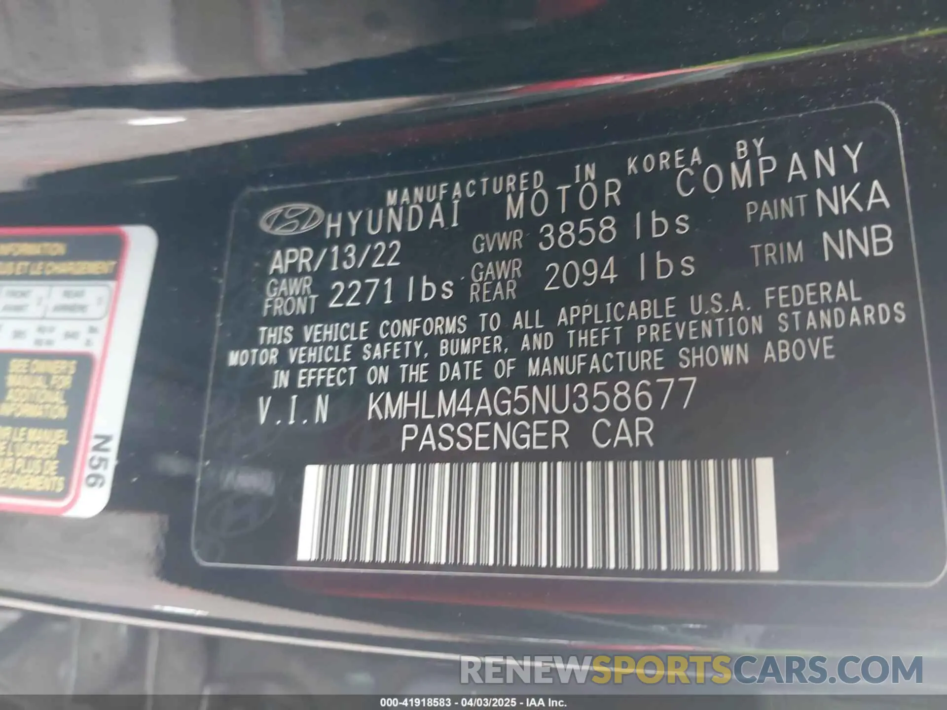 9 Фотография поврежденного автомобиля KMHLM4AG5NU358677 HYUNDAI ELANTRA 2022
