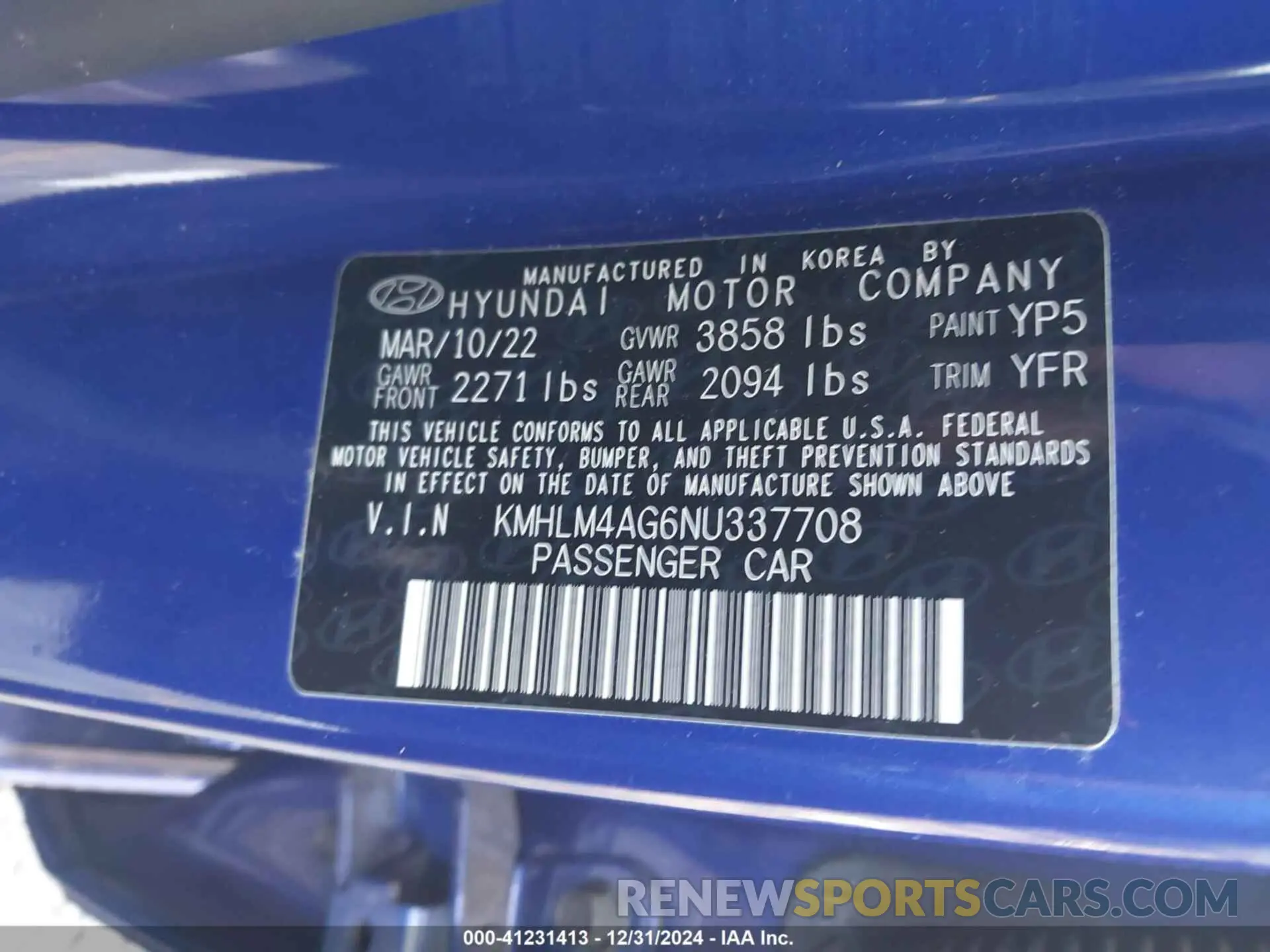 9 Фотография поврежденного автомобиля KMHLM4AG6NU337708 HYUNDAI ELANTRA 2022