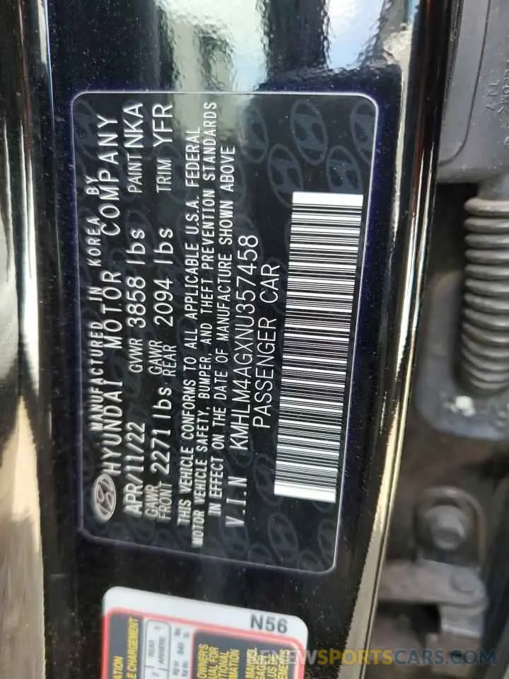 13 Photograph of a damaged car KMHLM4AGXNU357458 HYUNDAI ELANTRA 2022