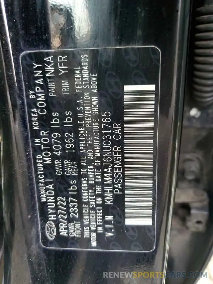 14 Фотография поврежденного автомобиля KMHLM4AJ6NU031765 HYUNDAI ELANTRA 2022