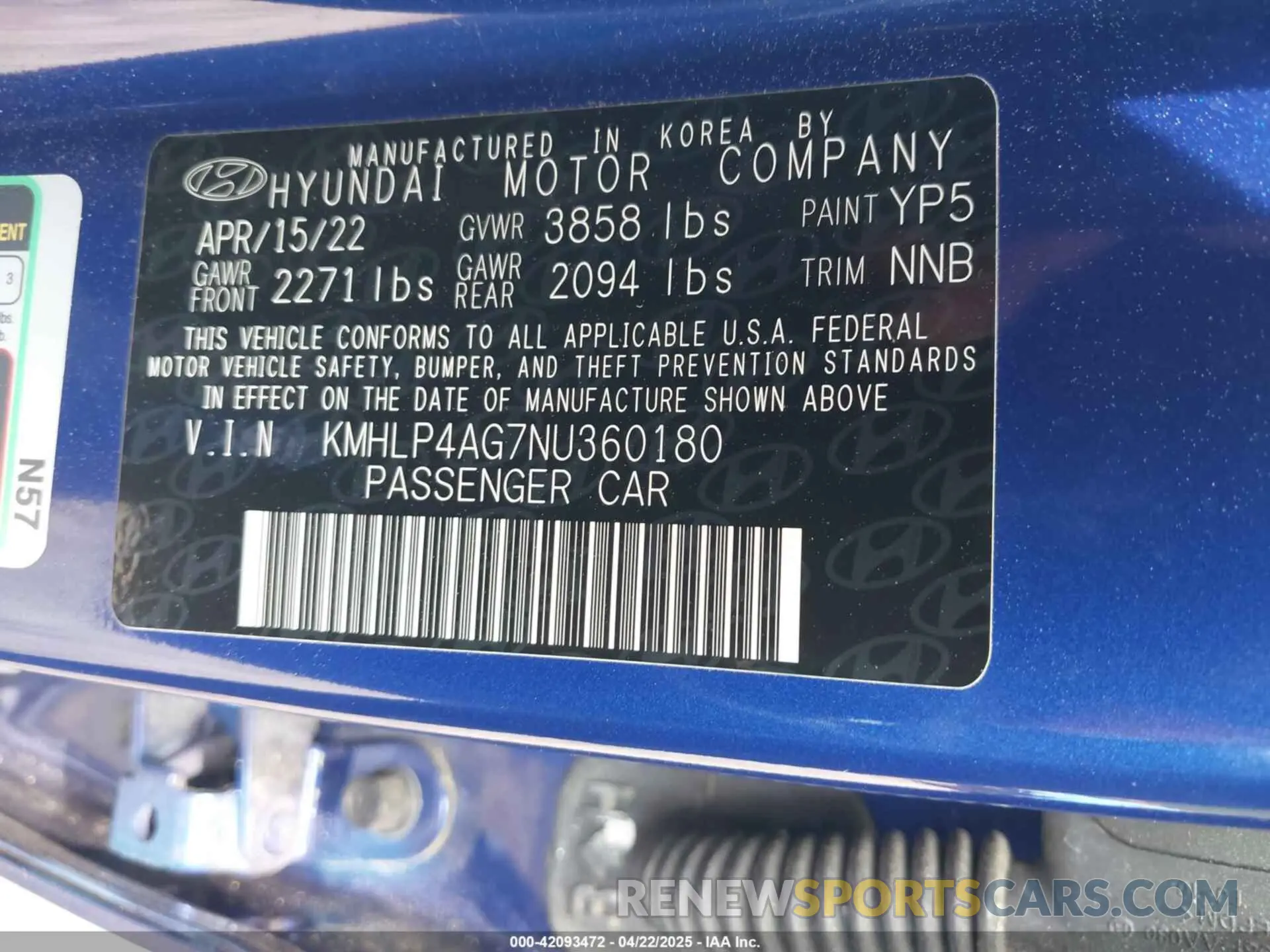 9 Фотография поврежденного автомобиля KMHLP4AG7NU360180 HYUNDAI ELANTRA 2022