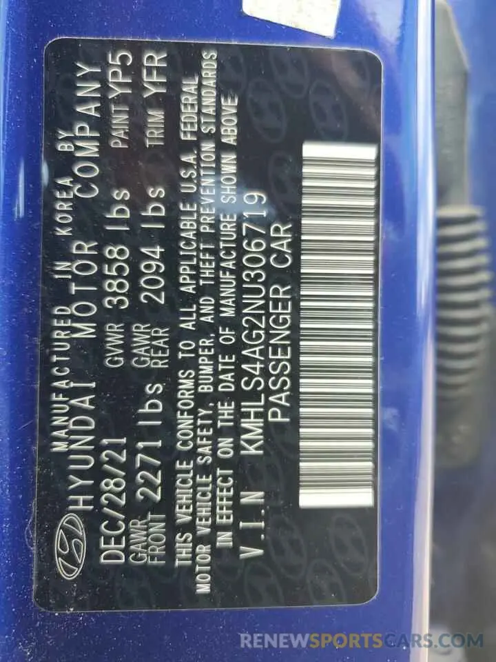 12 Фотография поврежденного автомобиля KMHLS4AG2NU306719 HYUNDAI ELANTRA 2022