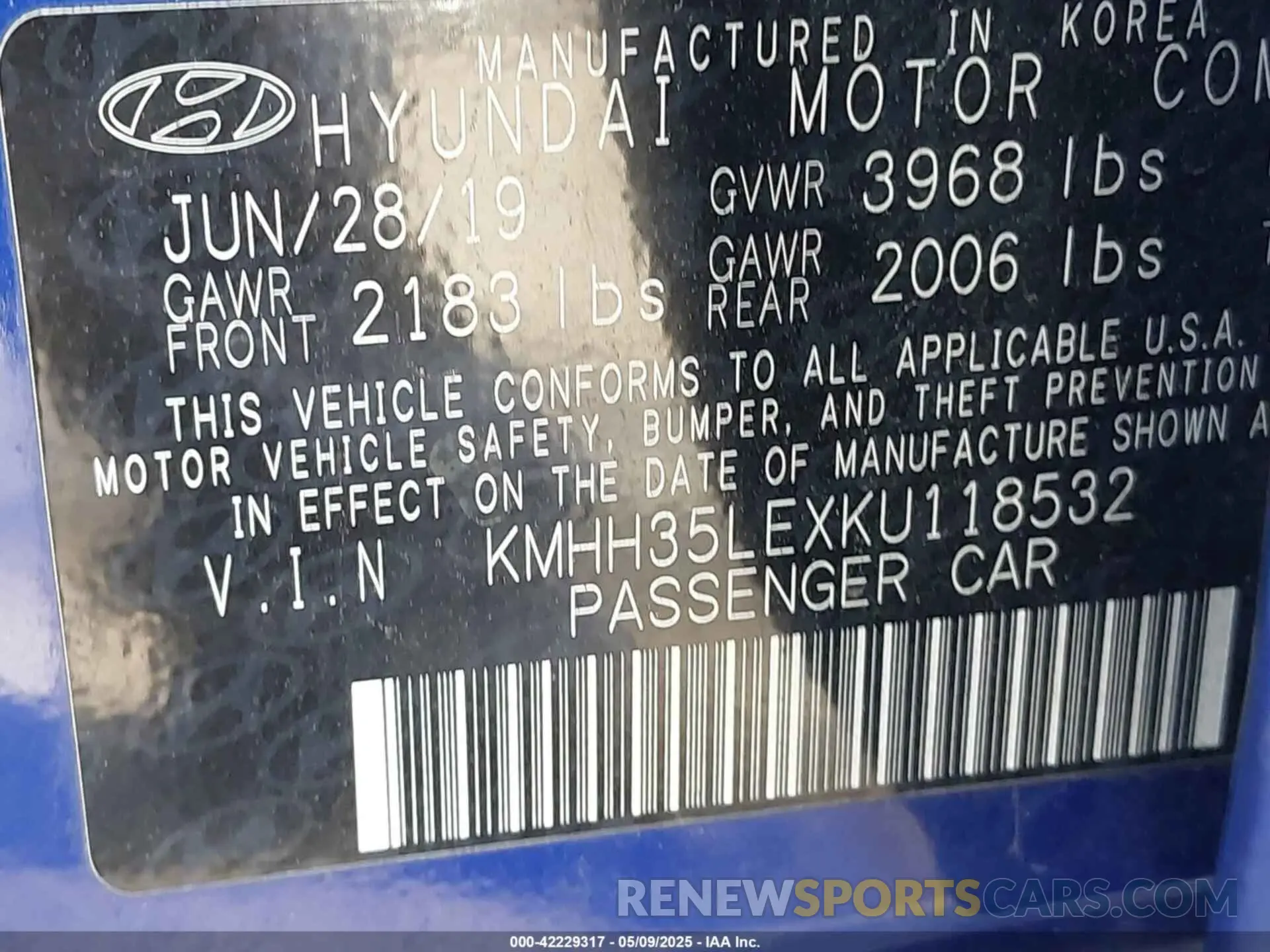 9 Photograph of a damaged car KMHH35LEXKU118532 HYUNDAI ELANTRA GT 2019