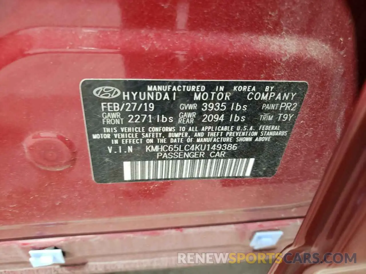 12 Photograph of a damaged car KMHC65LC4KU149386 HYUNDAI IONIQ 2019