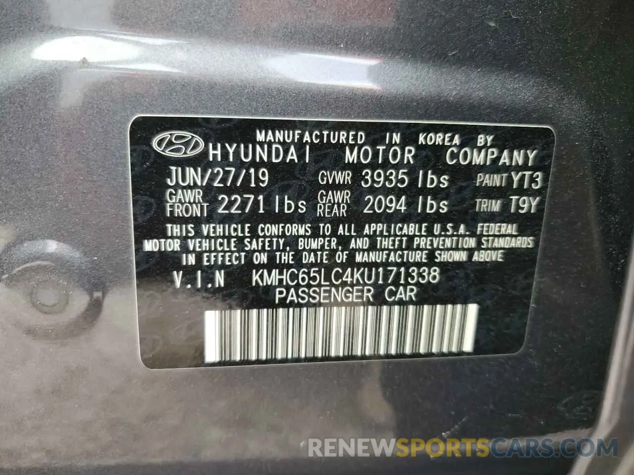 12 Photograph of a damaged car KMHC65LC4KU171338 HYUNDAI IONIQ 2019